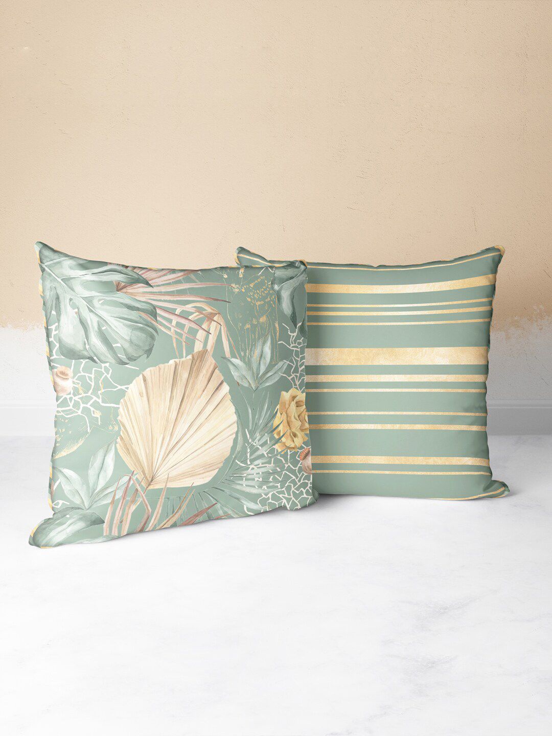 BIANCA Green Floral Polyester Anti-Wrinkle 2 Piece Square Cushion Covers - 16 x 16 Inches