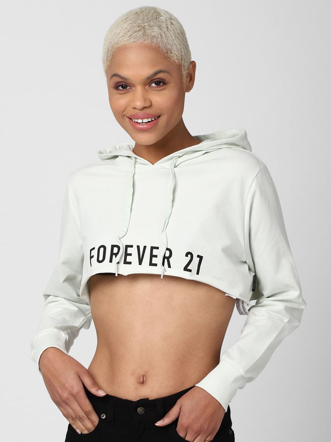 FOREVER 21 Women Green Printed Pure Cotton Hooded Crop Sweatshirt Price in India