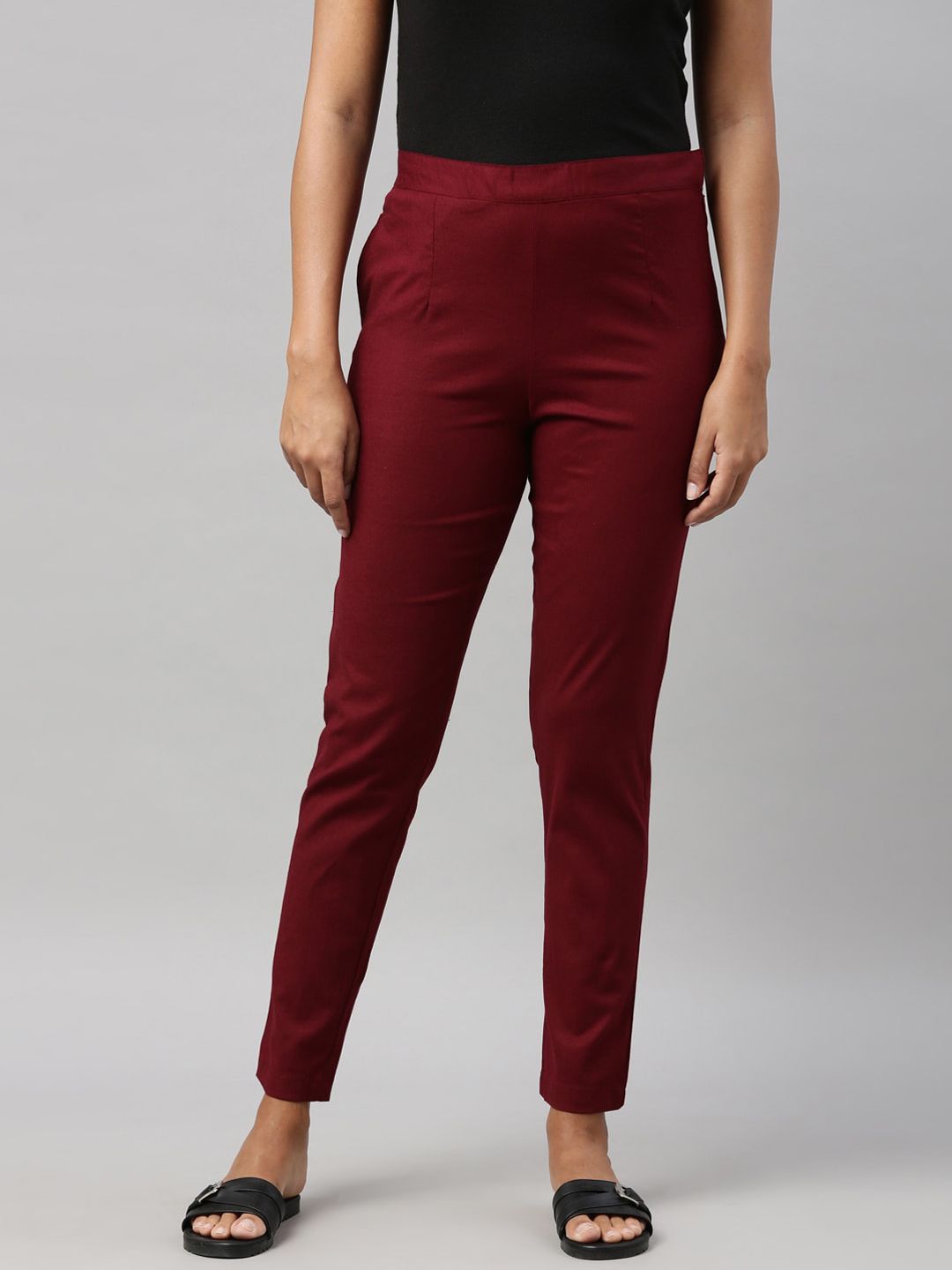 Go Colors Women Maroon Linen Mid Rise Trousers Price in India