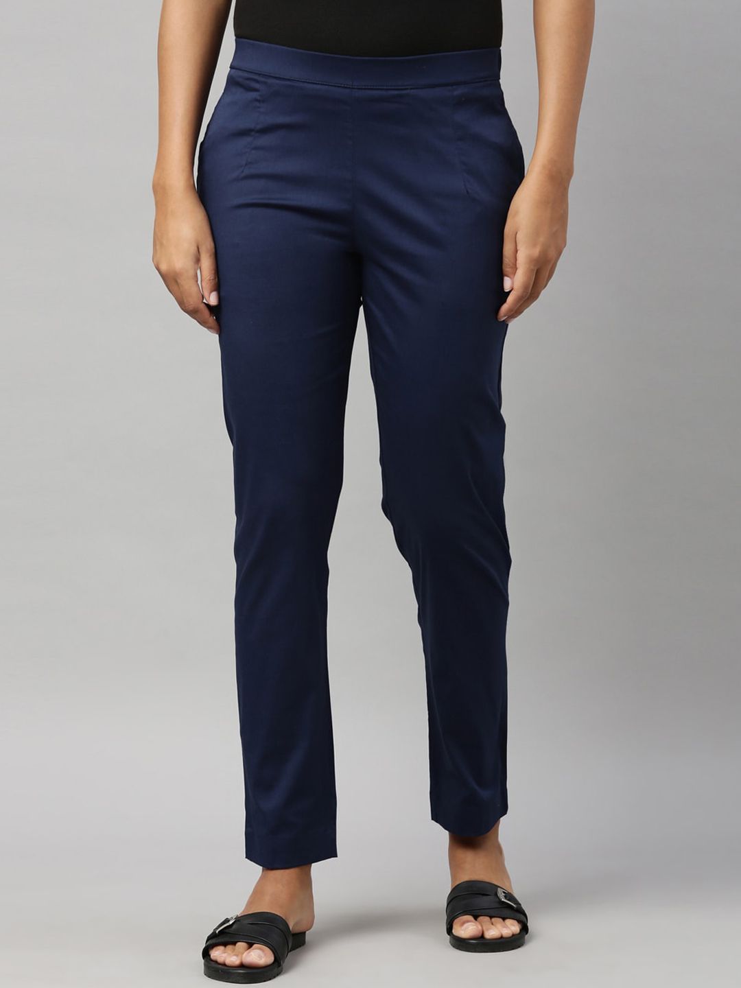 Go Colors Women Navy Blue Trousers Price in India