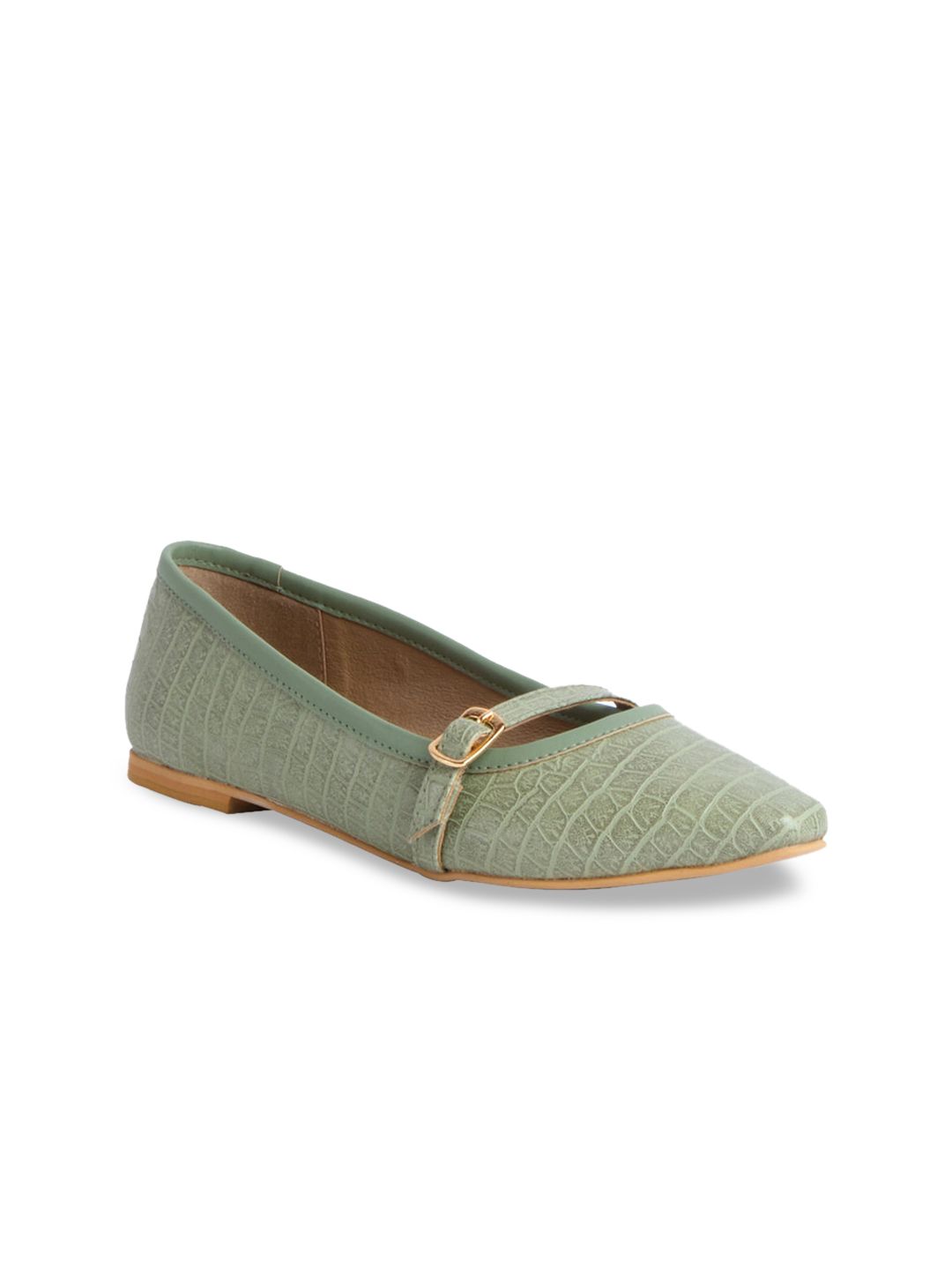 ERIDANI Women Green Textured Ballerinas With Buckles Flat