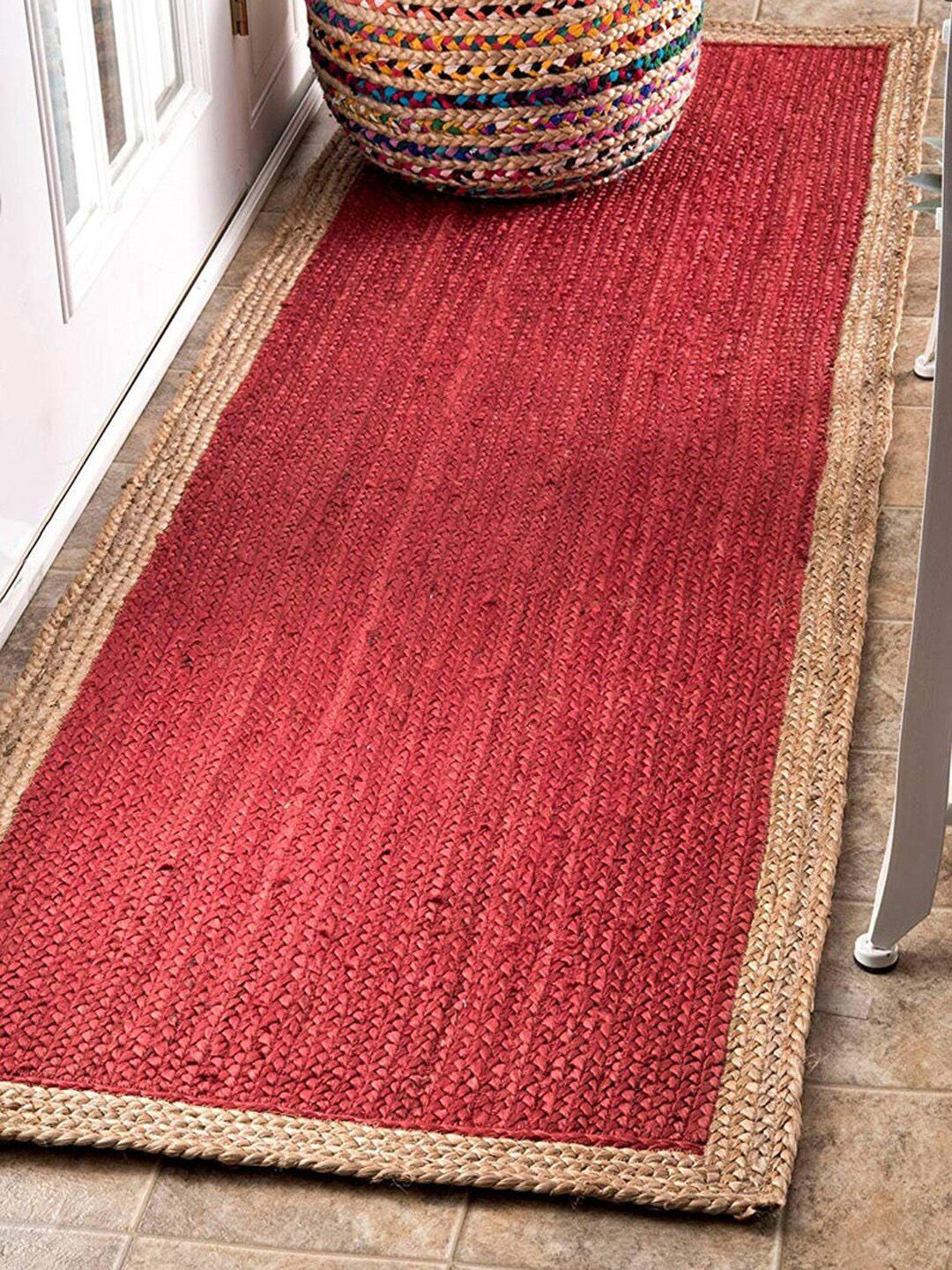 HABERE INDIA Red Solid Hand Woven Jute Carpet Price in India