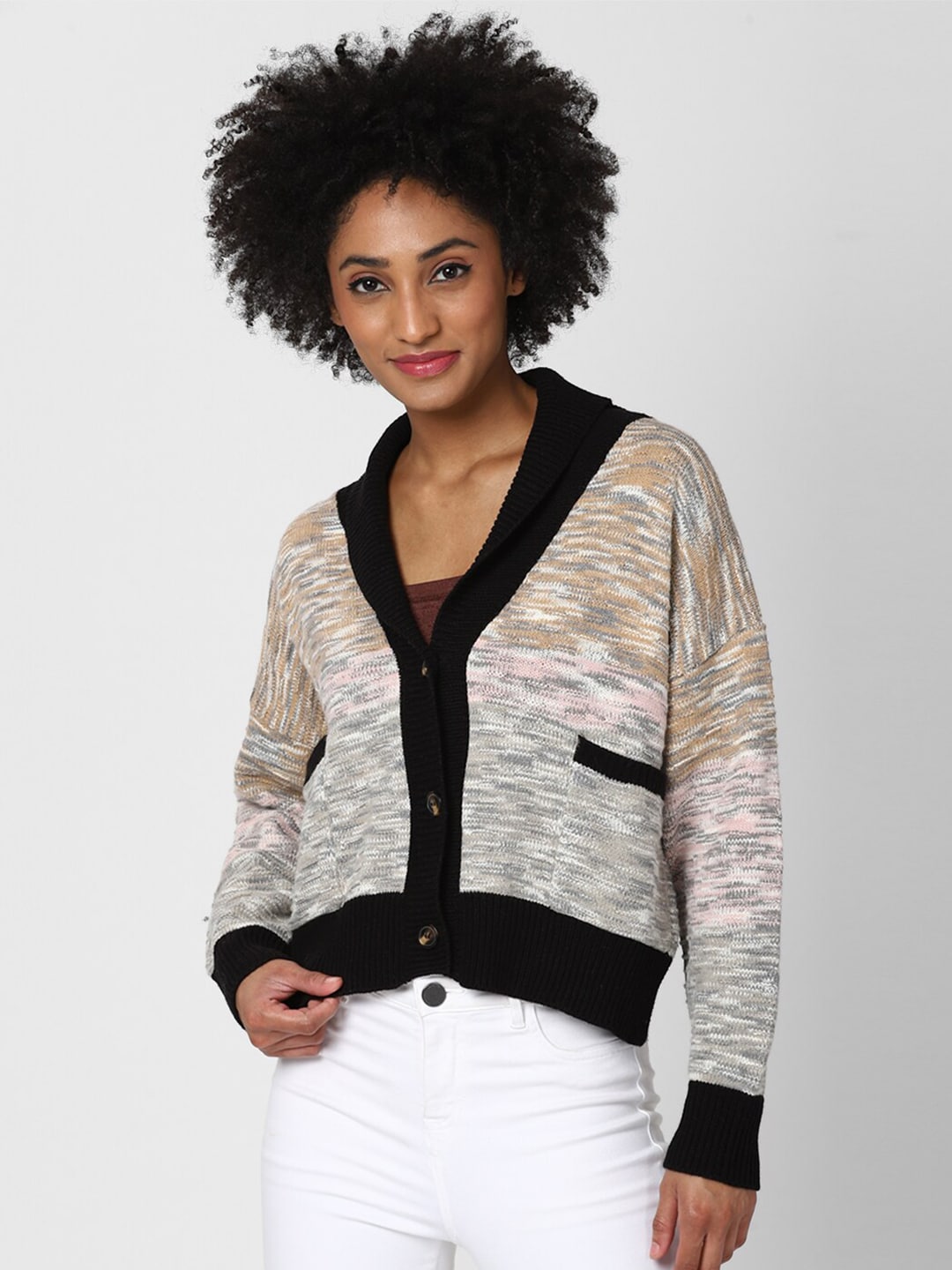 FOREVER 21 Women Beige & Grey Abstract Printed Crop Cardigan Price in India