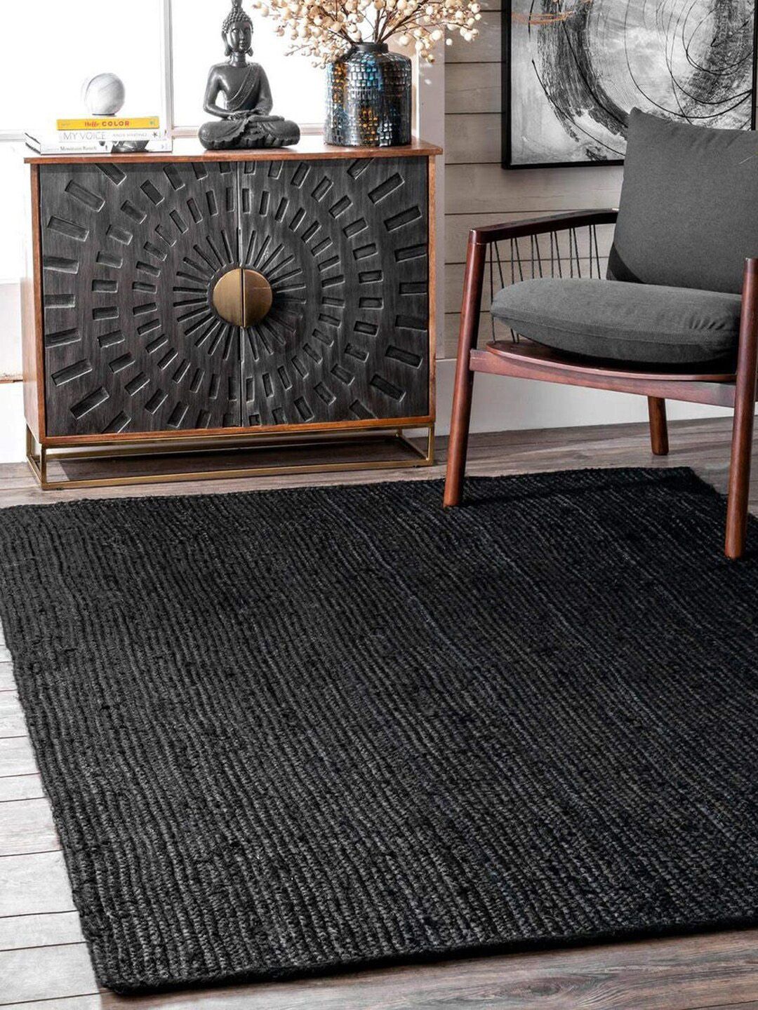 HABERE INDIA Black Handwoven Jute Carpet Price in India
