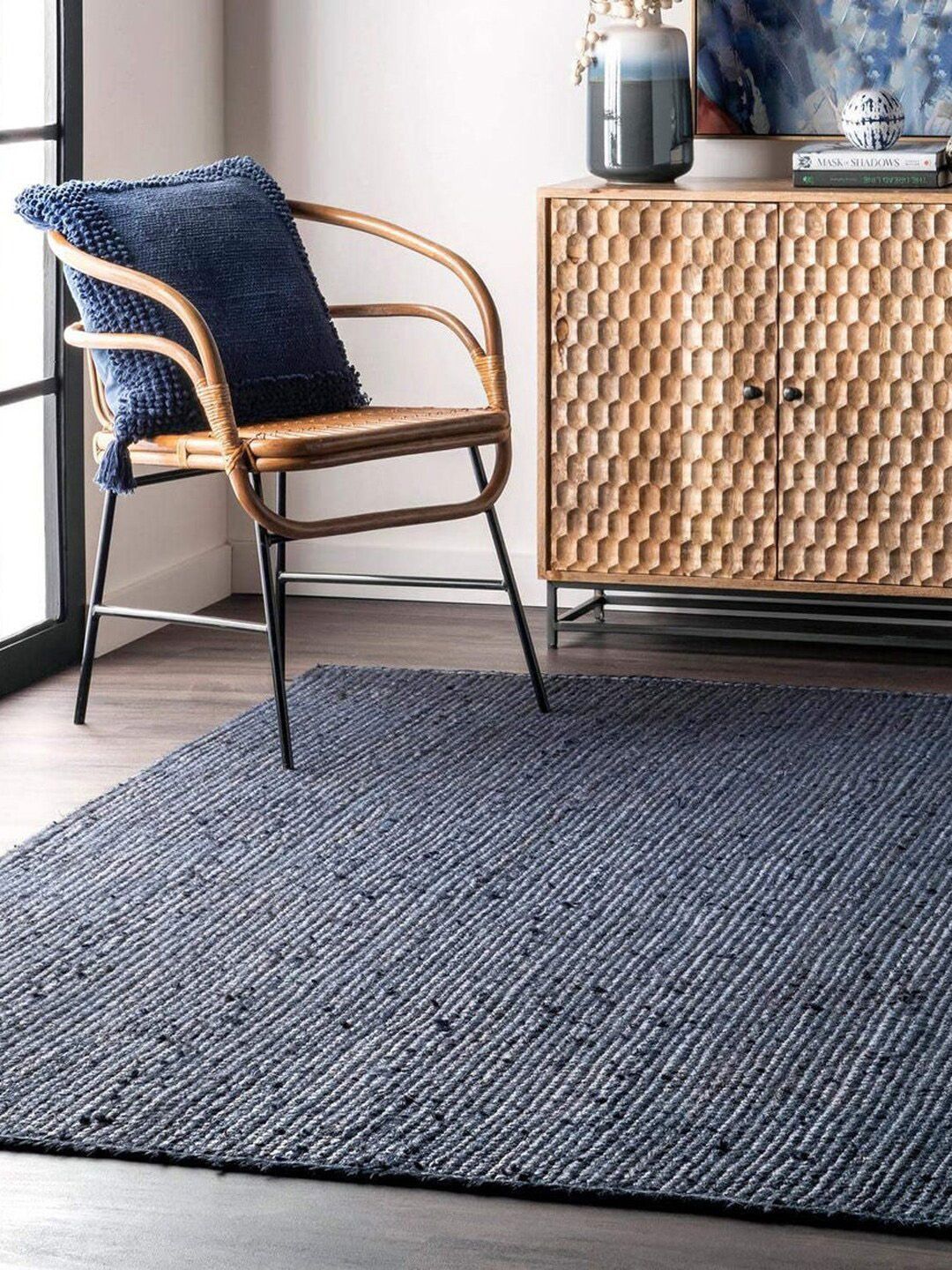 HABERE INDIA  Navy Blue Solid Jute Carpets Price in India