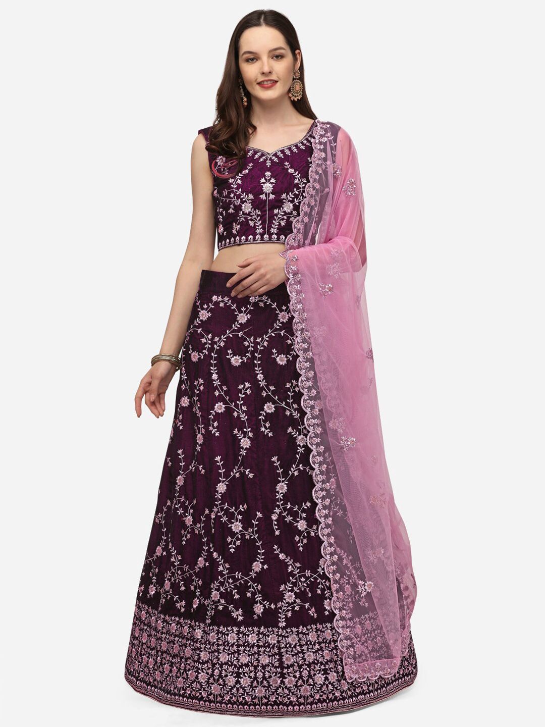 VRSALES Purple & Pink Embroidered Sequinned Semi-Stitched Lehenga & Unstitched Blouse With Dupatta Price in India