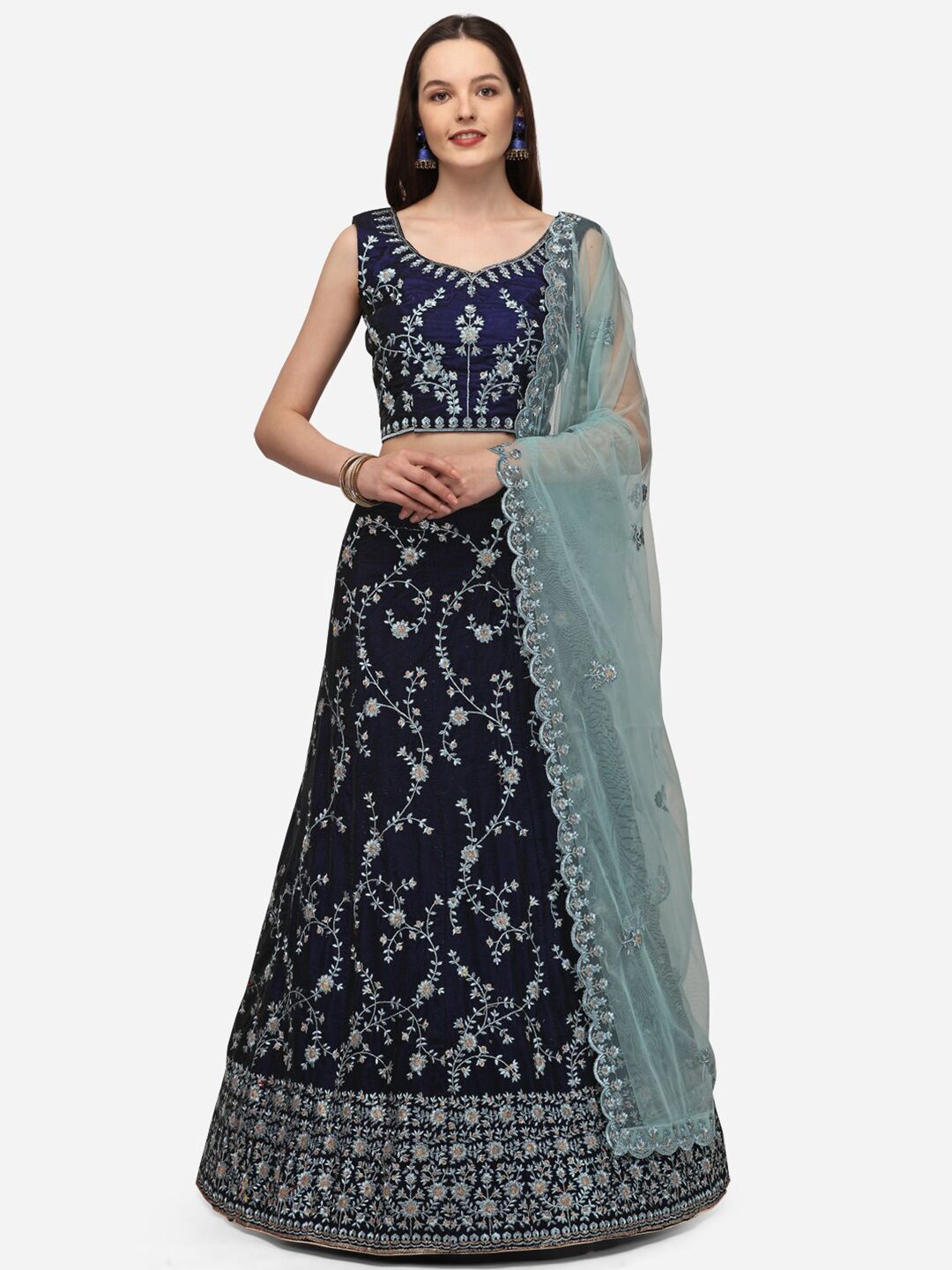 VRSALES Women Blue Embellished Semi-Stitched Lehenga Choli with Dupatta Price in India