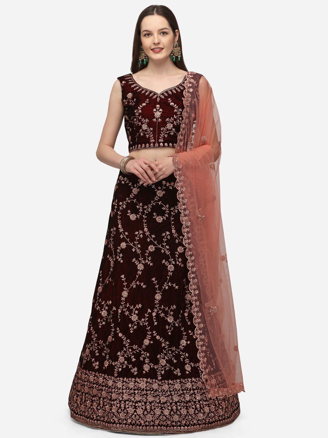 VRSALES Maroon & Peach-Coloured Embroidered Sequinned Semi-Stitched Lehenga & Unstitched Blouse With Dupatta Price in India