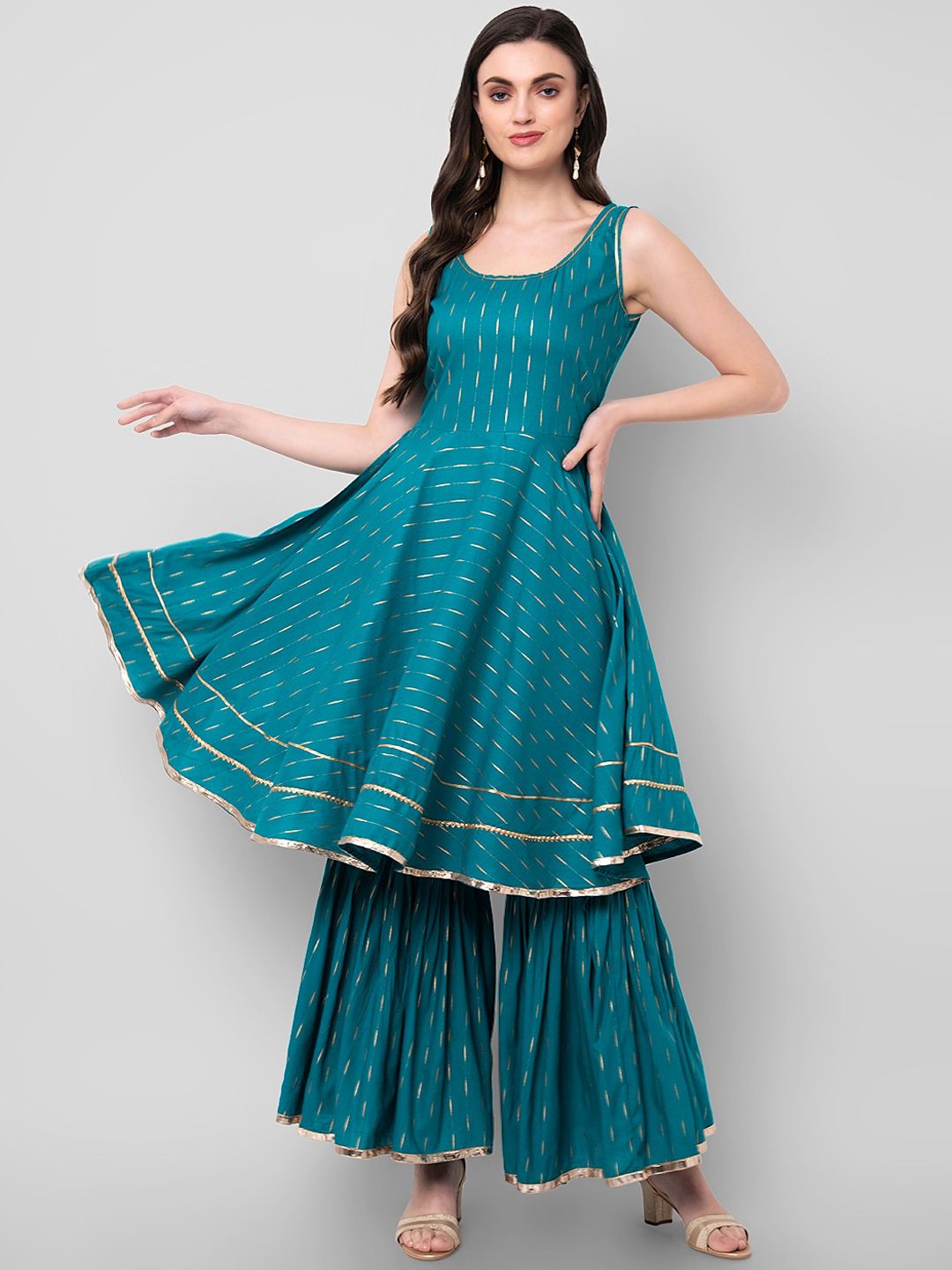 KALINI Women Teal Blue & Golden Printed Kurti with Sharara Price in India