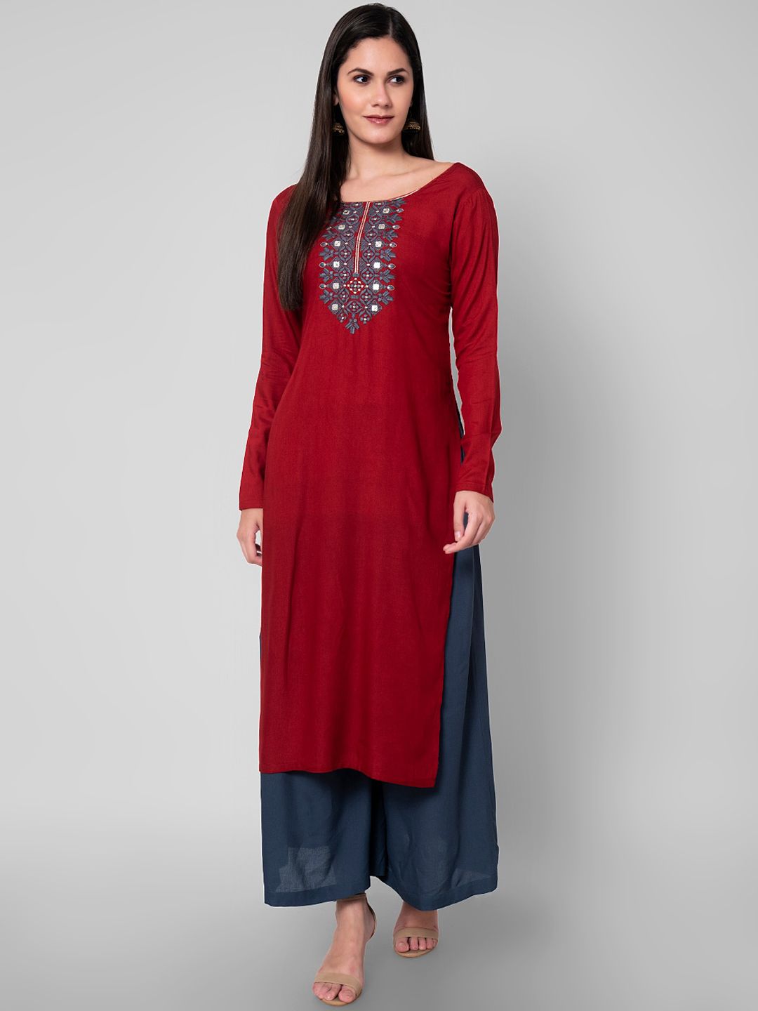 KALINI Women Maroon & blue Ethnic Motifs Embroidered Mirror Work Kurti with Palazzos Price in India