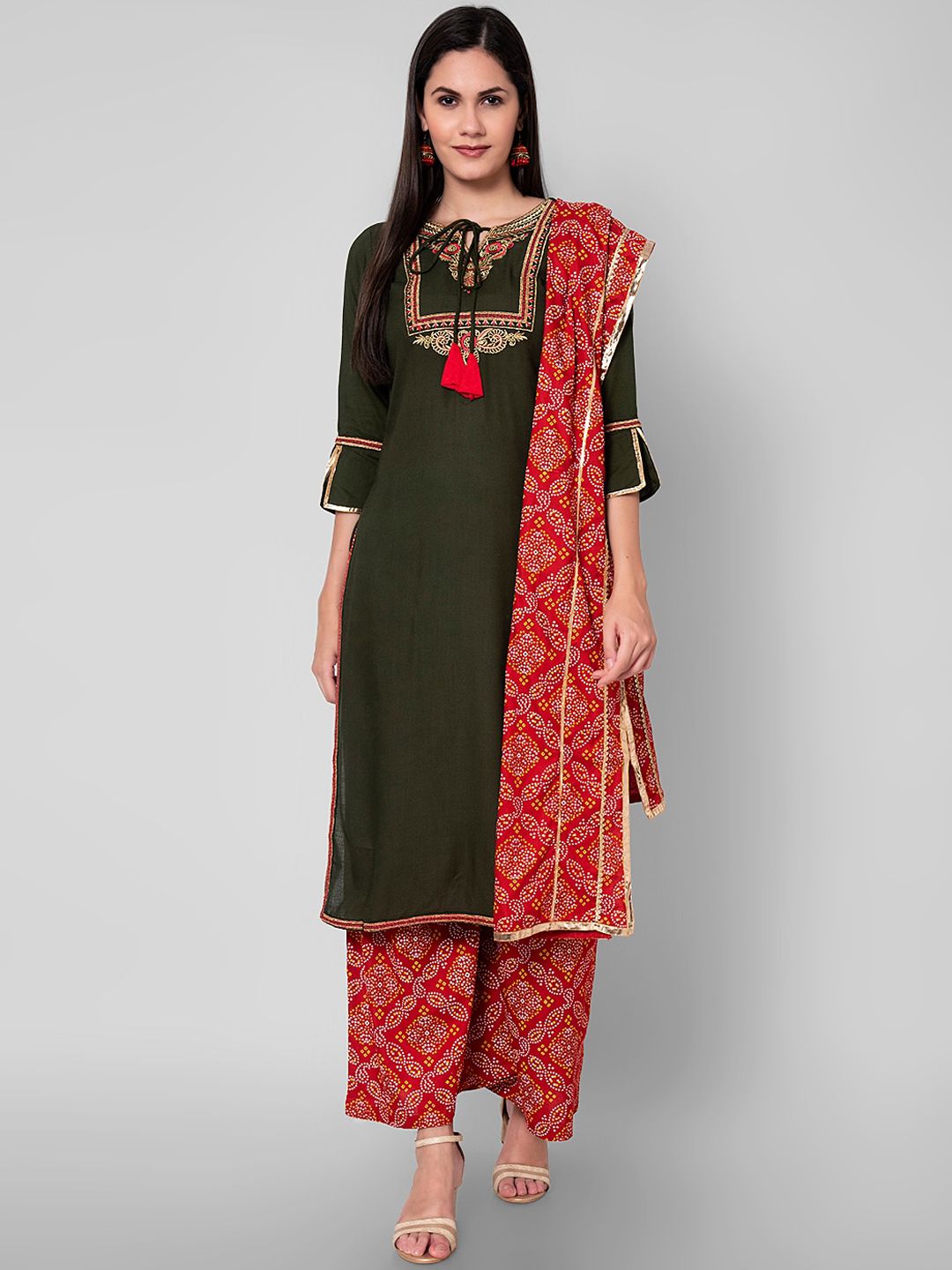 KALINI Women Green Ethnic Motifs Kurta with Palazzos & With Dupatta Price in India