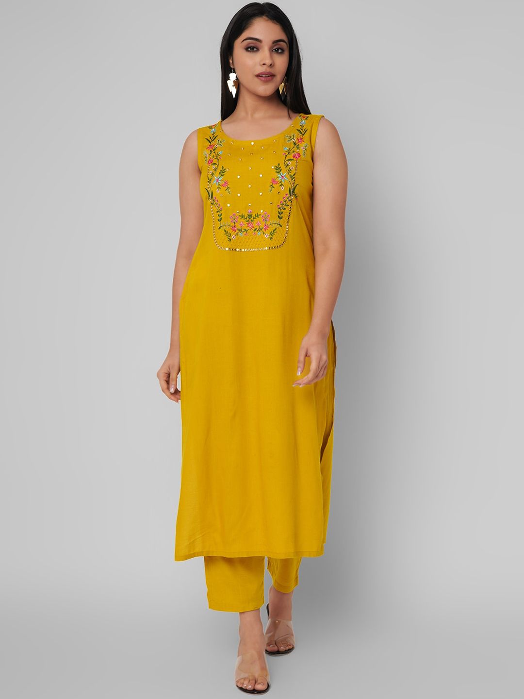 KALINI Women Mustard Yellow Embroidered Mirror Work Kurta with Trousers Price in India