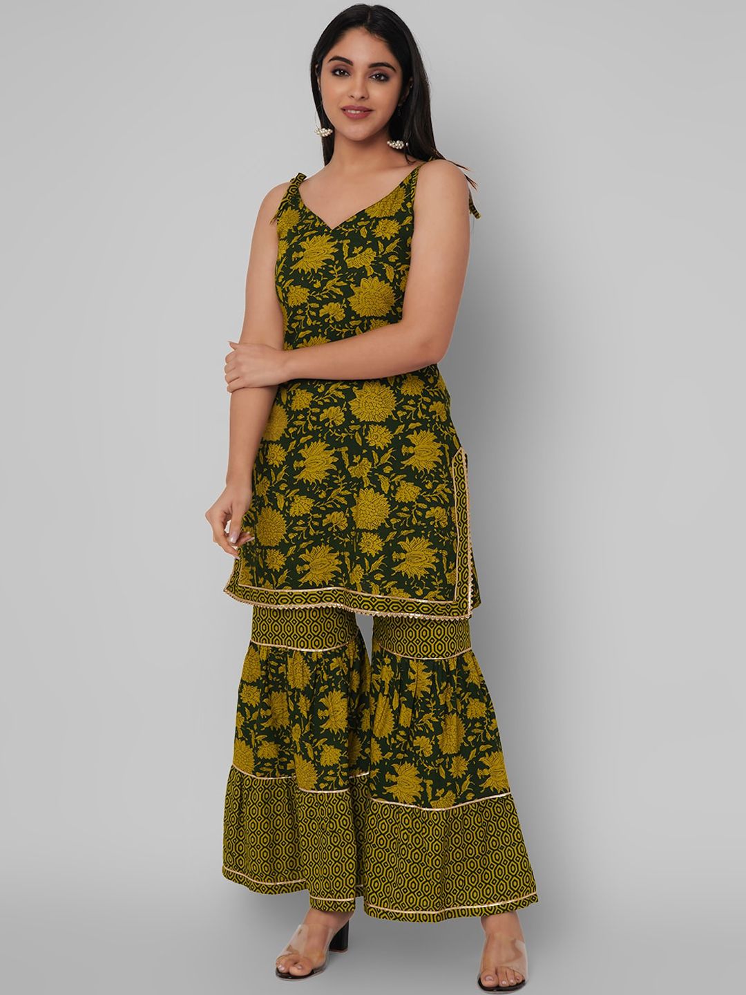 KALINI Women Green Floral Printed Gotta Patti Kurta with Sharara Price in India