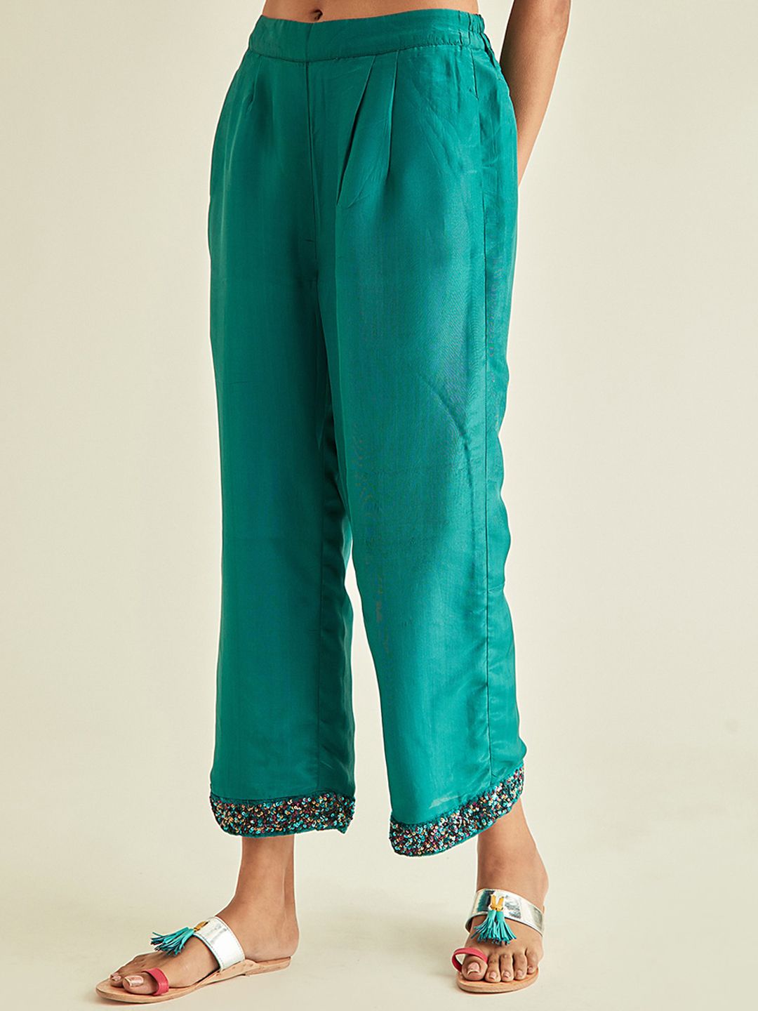 Ancestry Women Teal Pleated Trousers Price in India