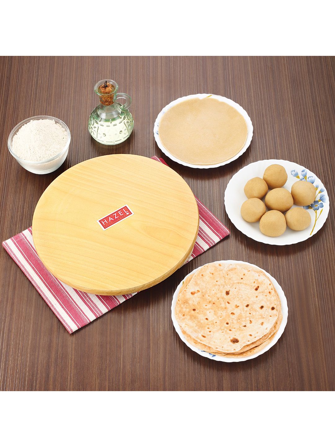 HAZEL Yellow & Brown Wood Polpat Chakla Roti Chapati Maker With Wood Roti Roller Belan Rolling Pin Price in India