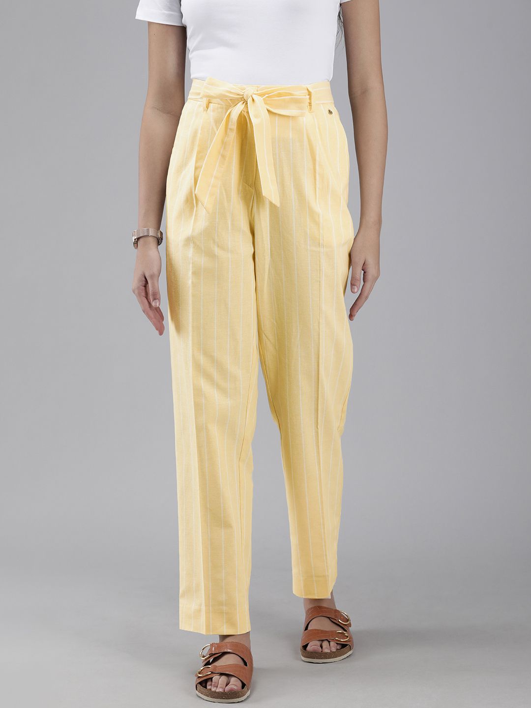 Van Heusen Woman Women Yellow & White Striped Trousers Price in India