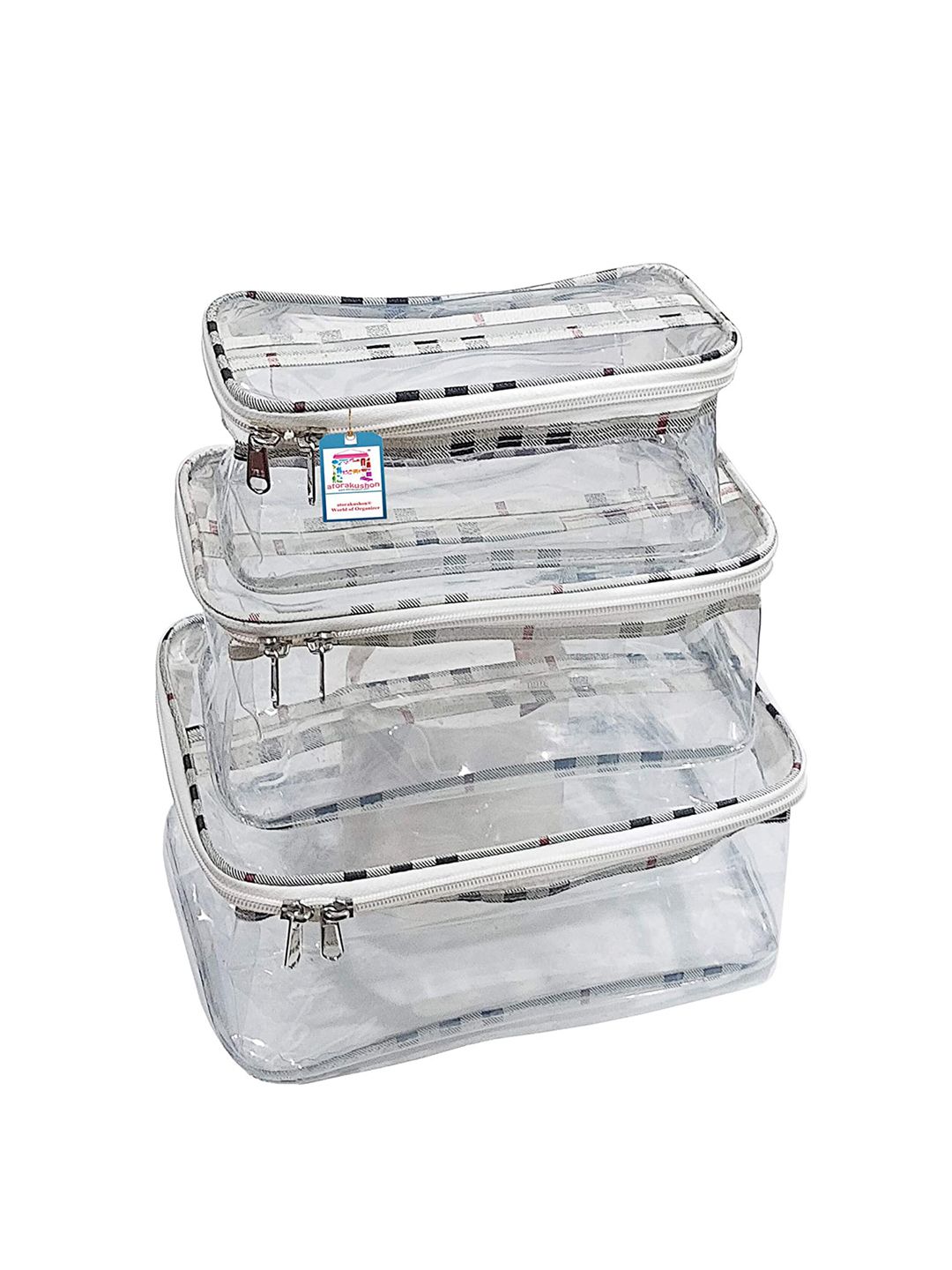 atorakushon Set Of 3 Transparent & White Checked Cosmetic Vanity Jewellery Organisers Price in India