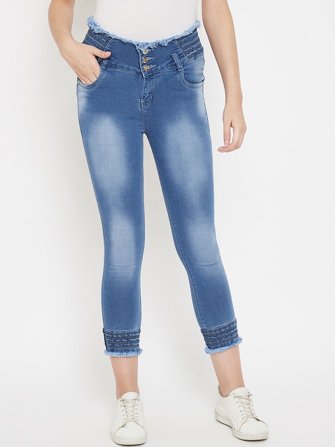 Purple Feather Women Blue Skinny Fit High-Rise Light Fade Stretchable Jeans Price in India