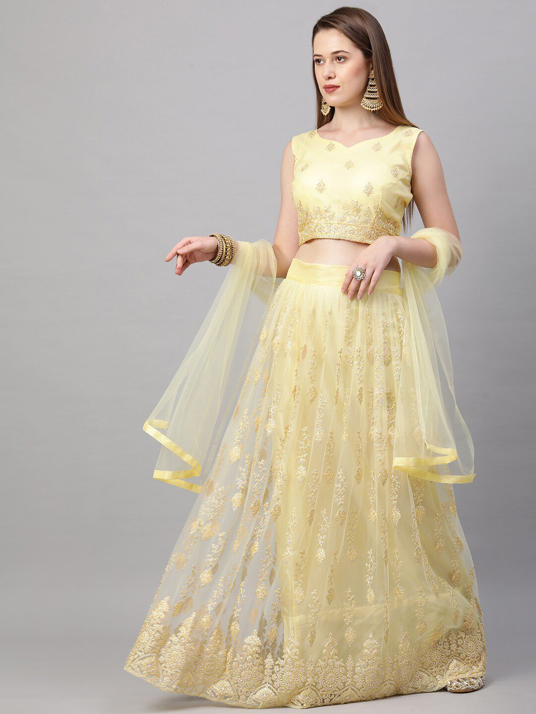 RedRound Yellow Embroidered Sequinned Ready to Wear Lehenga & Unstitched Blouse With Dupatta Price in India