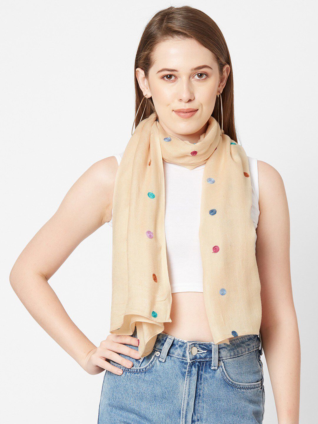 Get Wrapped Women Beige & Blue Embroidered Scarf Price in India