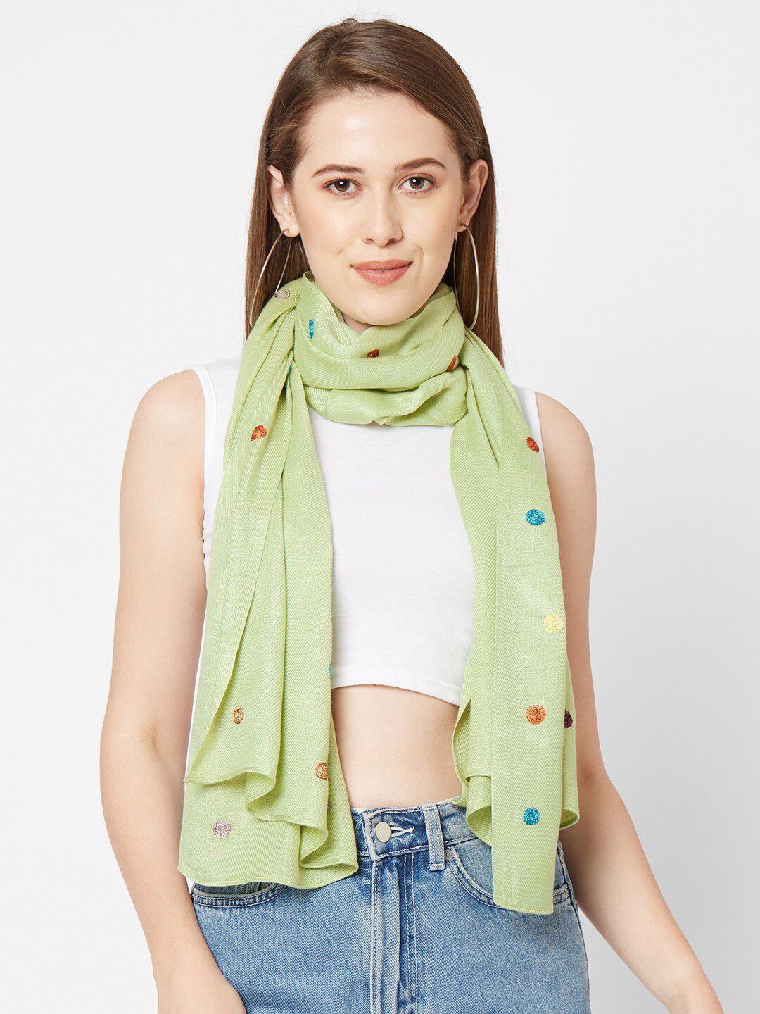 Get Wrapped Women Green & Blue Embroidered Scarf Price in India