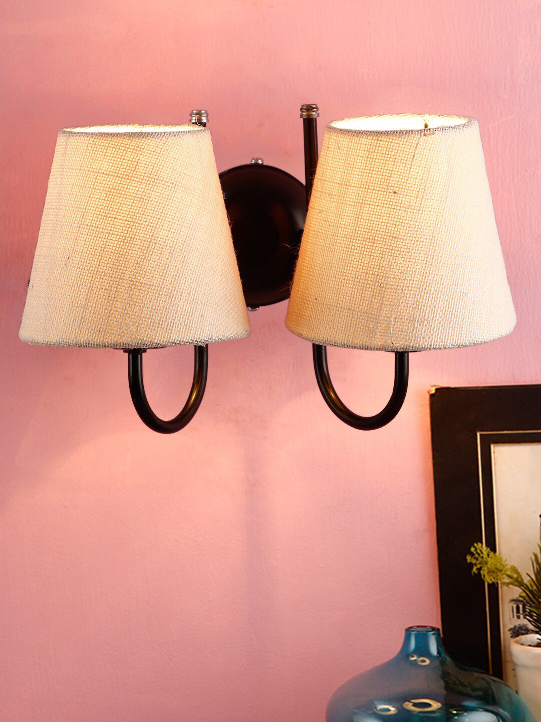 Devansh White Jute Conical Double Wall Mounted Lamp With Black Base Price in India