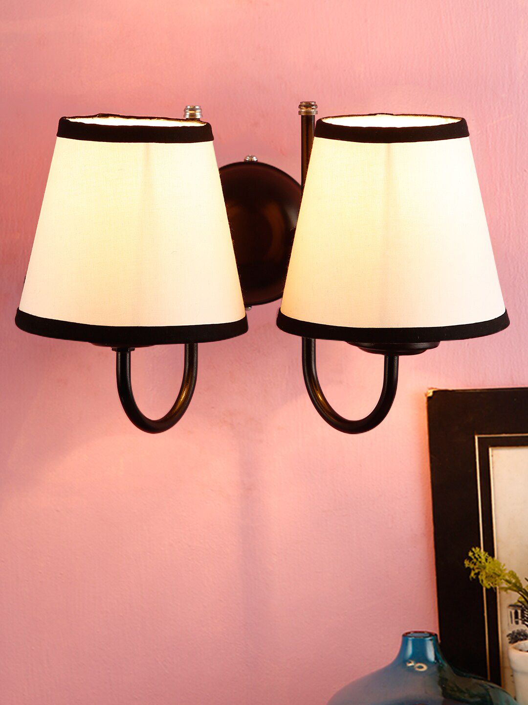 Devansh White & Black Cotton Double  Wall Mounted Lamp With Black Base Price in India