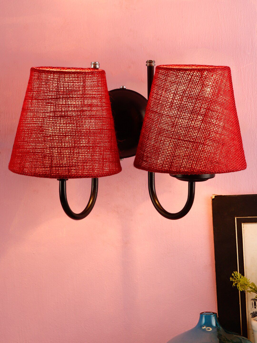 Devansh Maroon Jute Conical Double Wall Mounted Lamp With Black Base Price in India