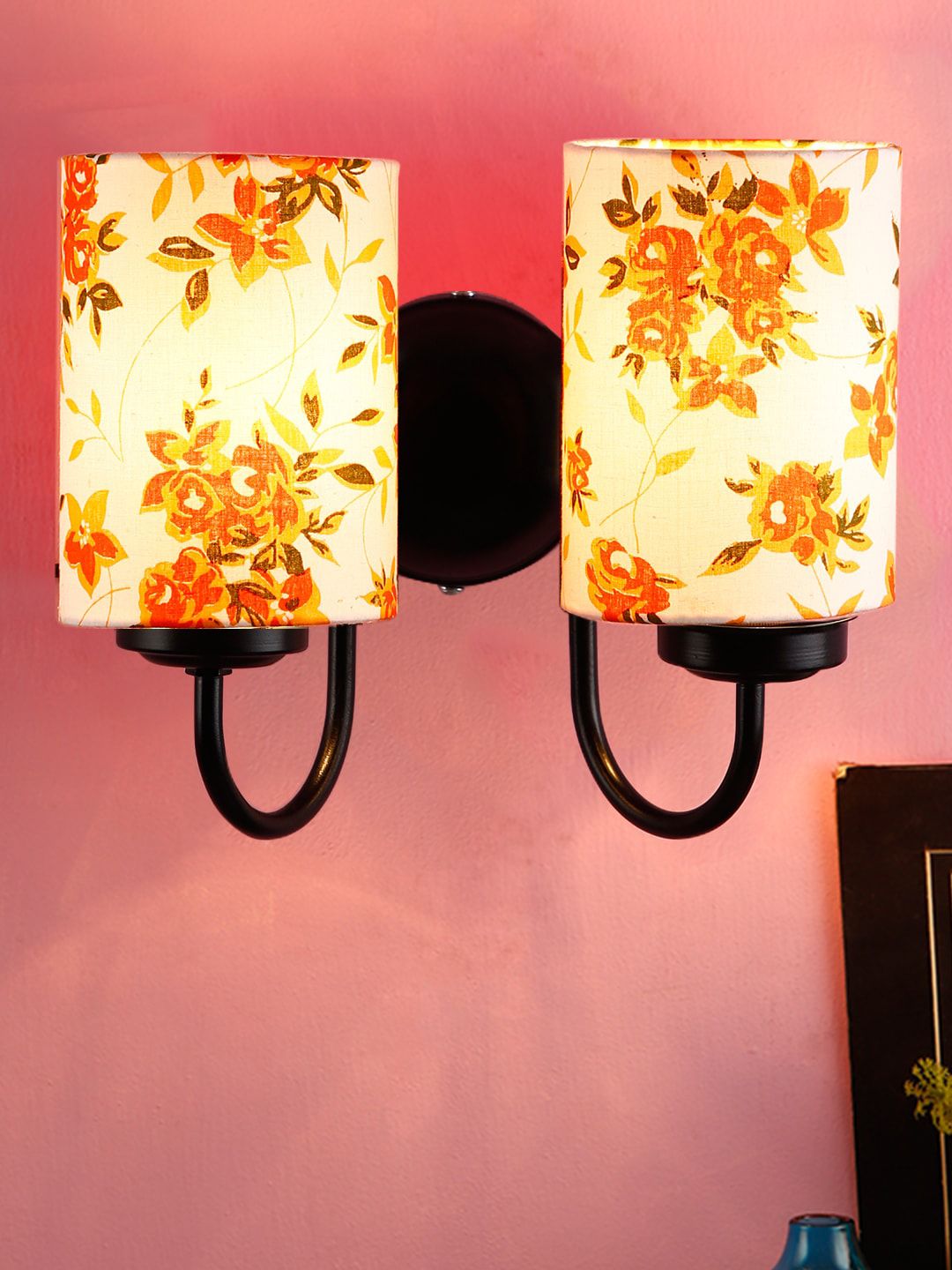 Devansh Off White Cotton Double Wall Mounted Lamp with Black Base Price in India