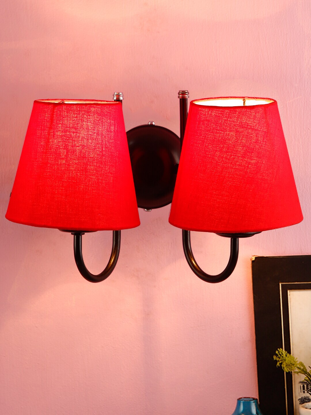 Devansh Red Conical-Shaped Cotton Double Wall Mounted Lamp With Black Iron Base Price in India