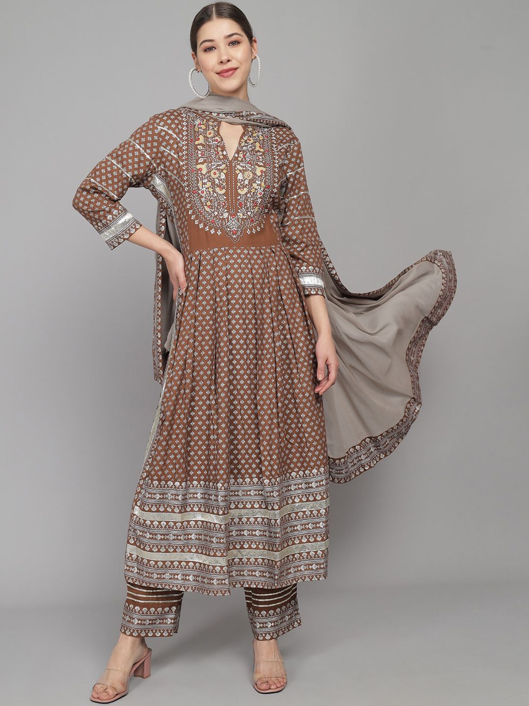 Prakhya Women Brown Ethnic Motifs Printed Pleated Kurta with Trousers & With Dupatta Price in India