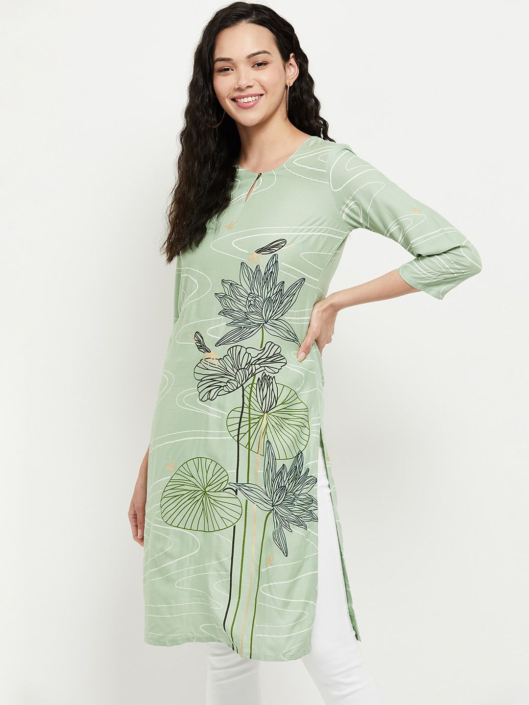 max Women Mint Green Floral Printed Keyhole Neck Kurta Price in India