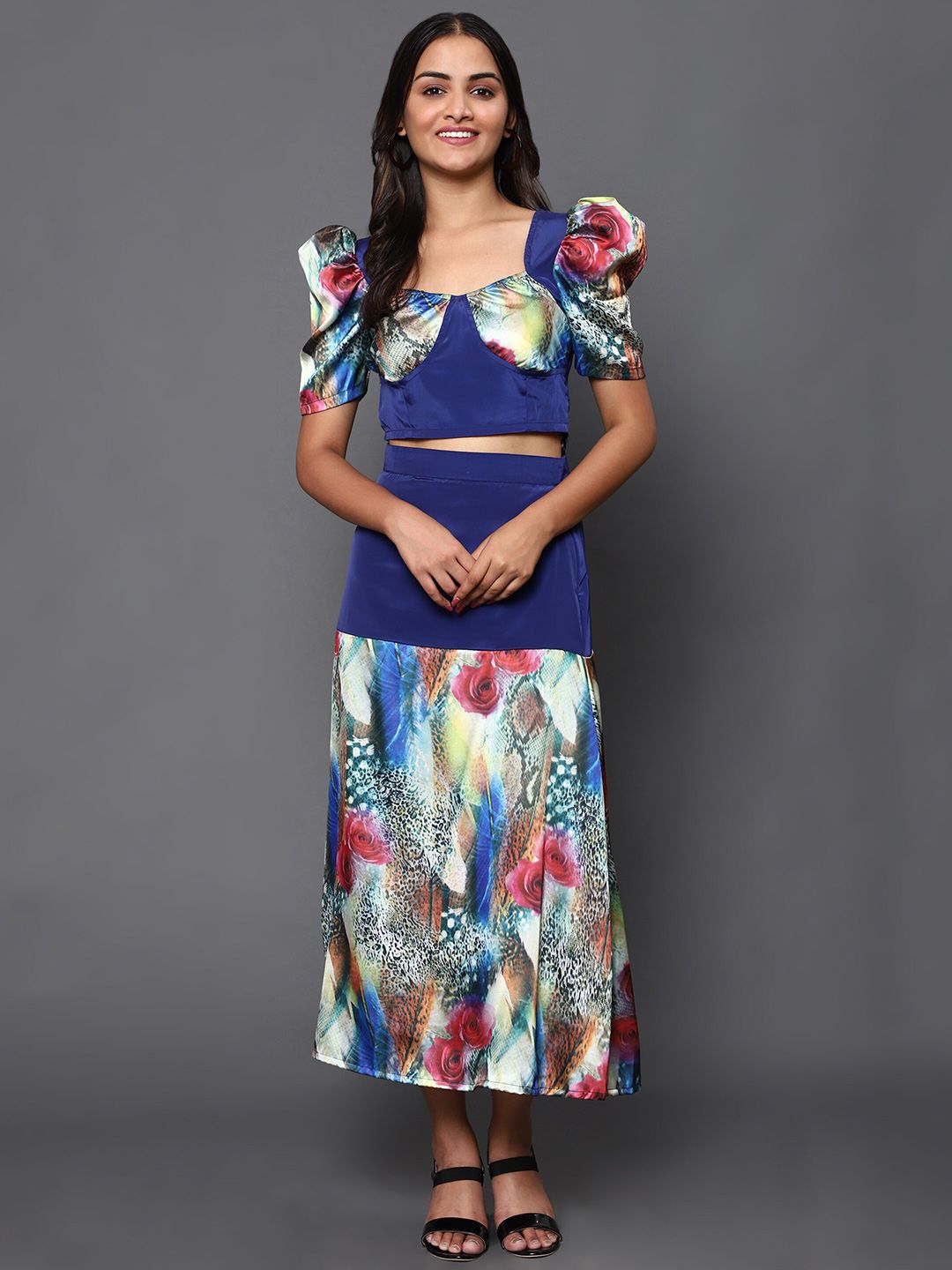 KHUMAAR Shuchi Bhutani Women Blue & Multicoloured Printed Top with Skirt