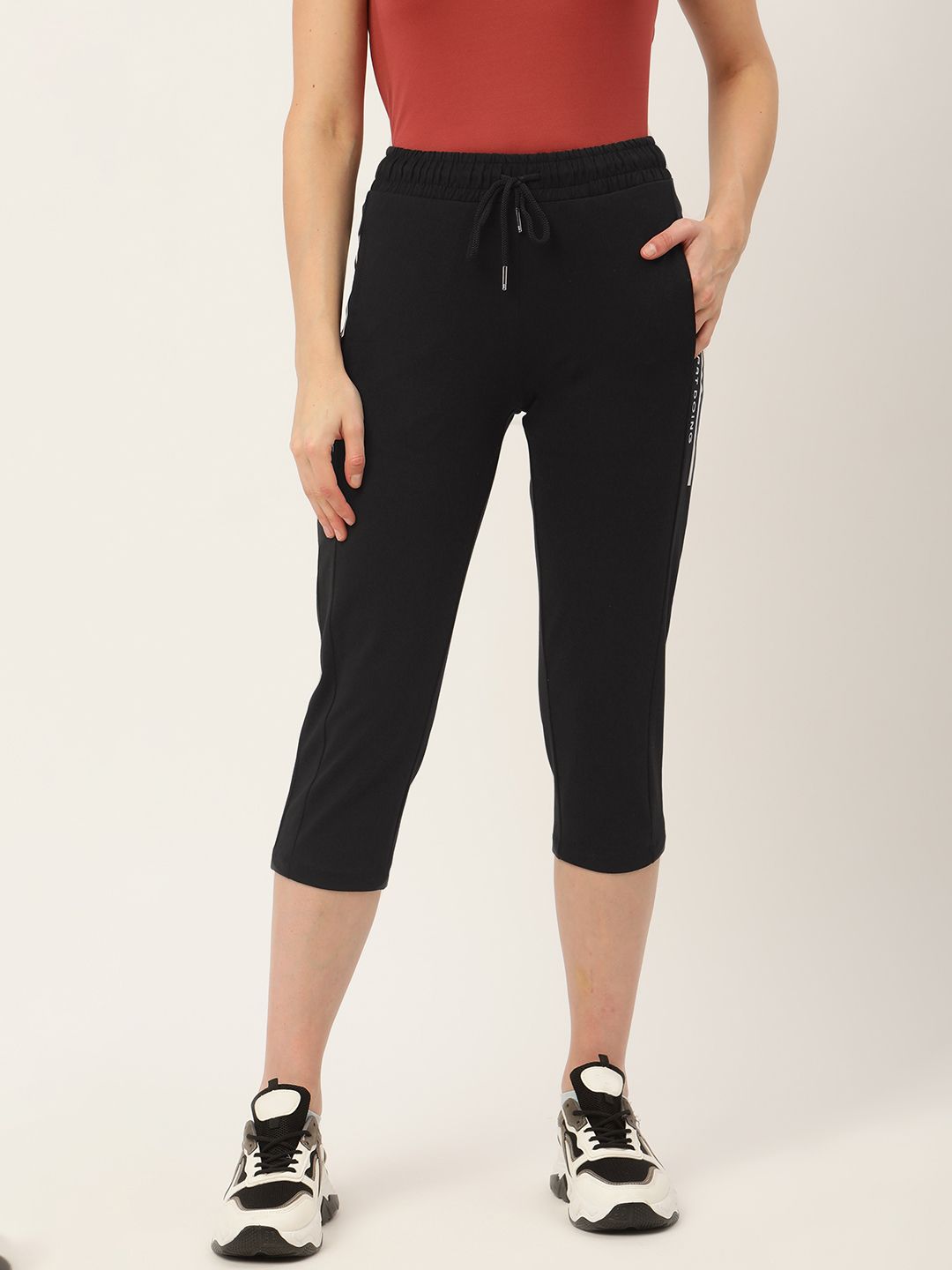 Madame Women Black Pure Cotton Three-Fourth Track Pants Price in India