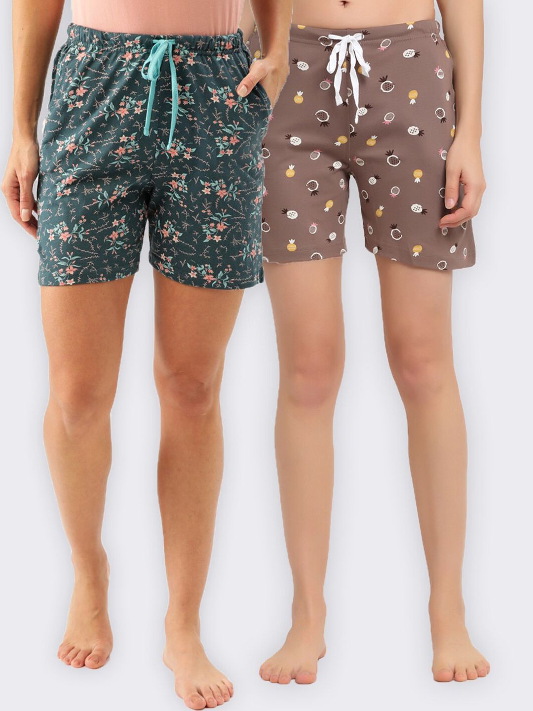 Kanvin Women Teal & Brown 2 Printed Cotton Lounge Shorts Price in India