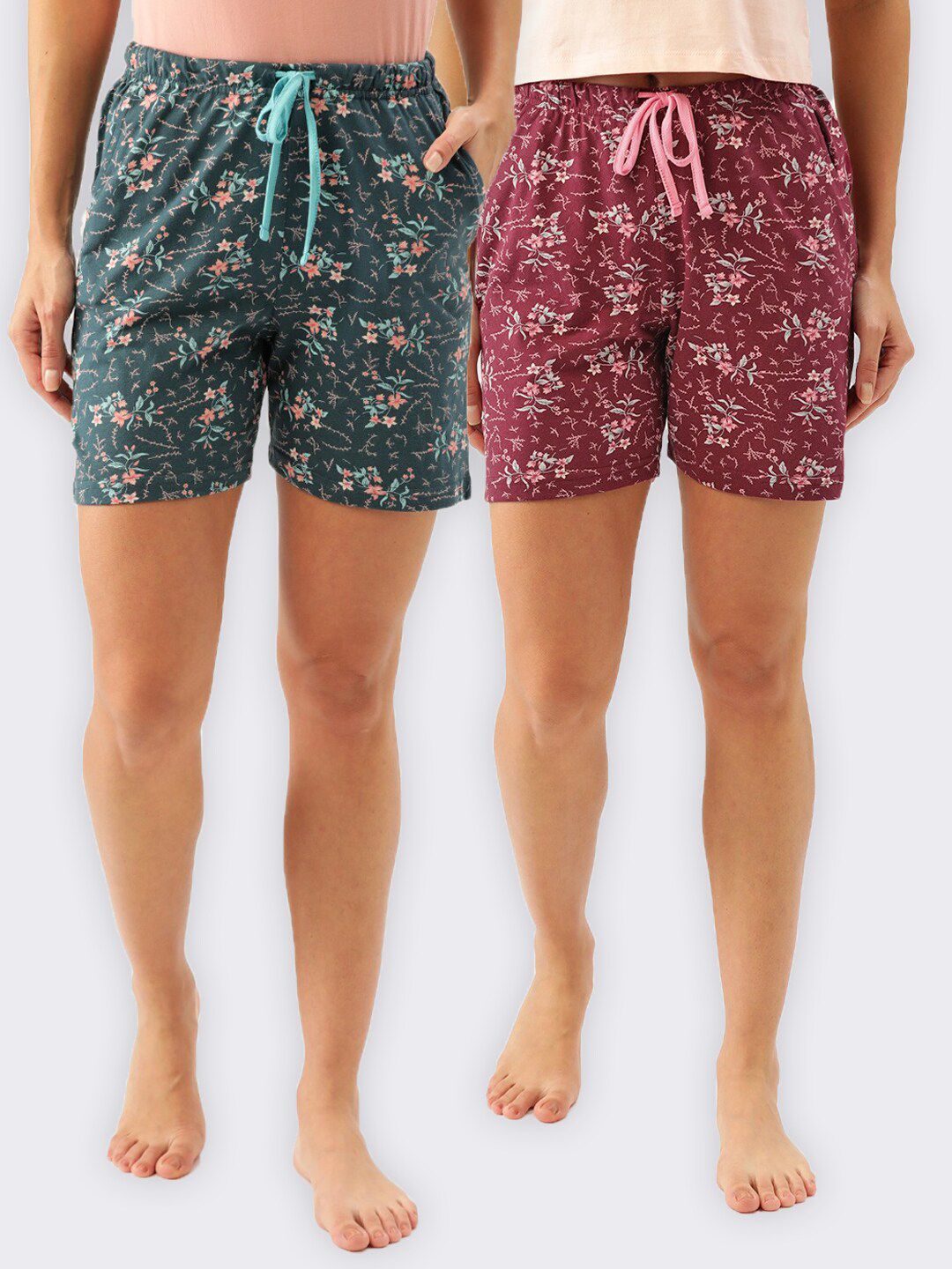 Kanvin Women Pack of 2 Teal & Maroon Printed Pure Cotton Lounge Shorts Price in India