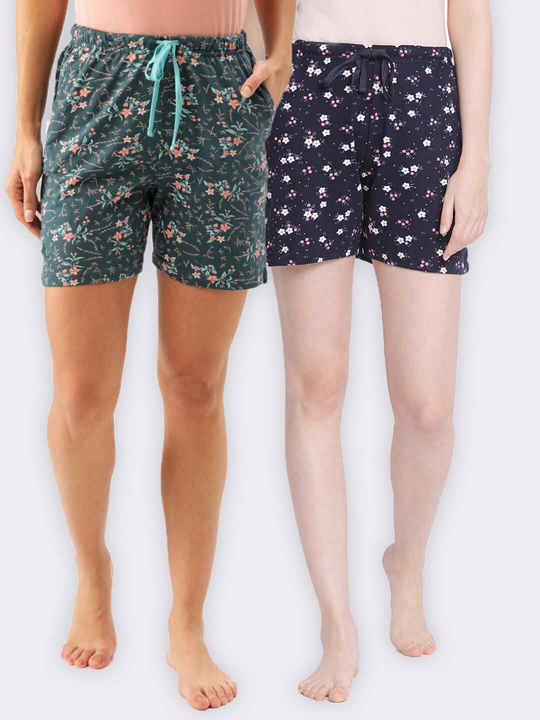 Kanvin Women Teal & Navy Blue 2 Cotton Printed Lounge Shorts Price in India