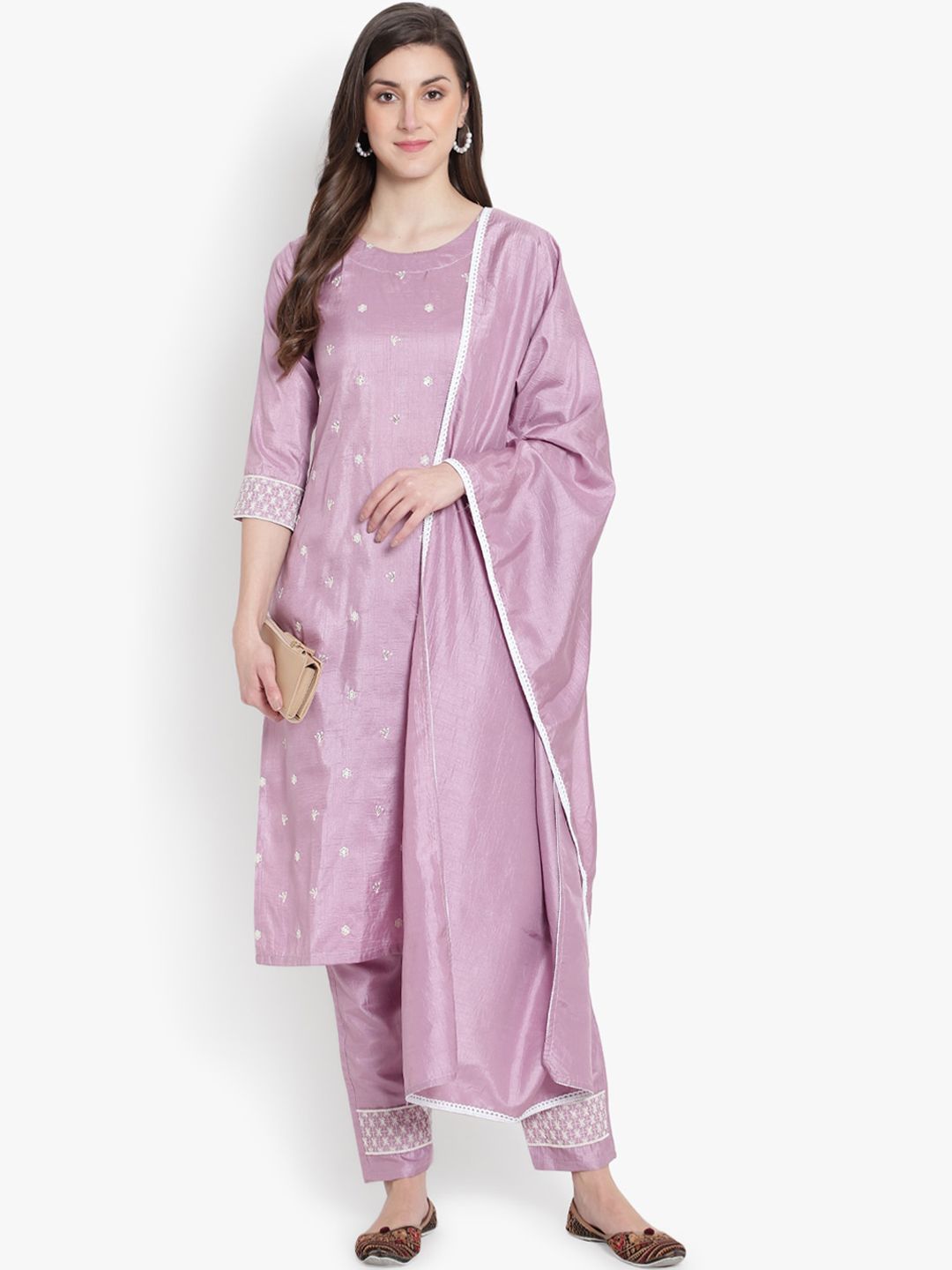 heemara Women Purple Floral Embroidered Silk Chiffon Kurta with Trousers & With Dupatta Price in India