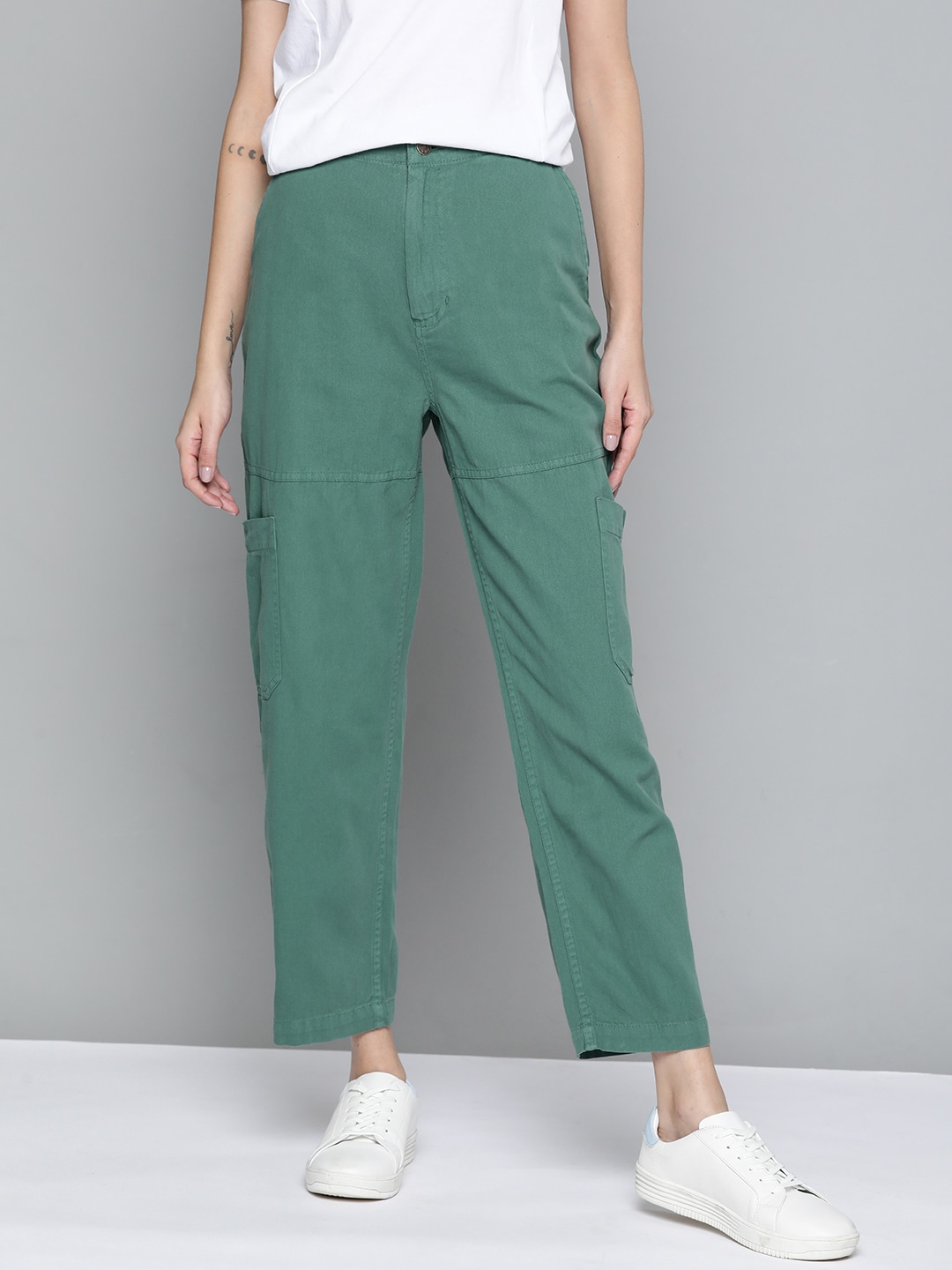 Mast & Harbour Women Sage Green Solid Chinos Trousers Price in India