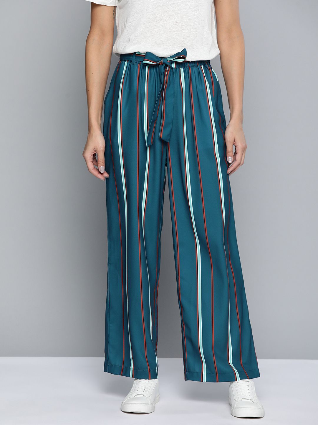 Mast & Harbour Women Teal Blue & White Striped Trousers Price in India