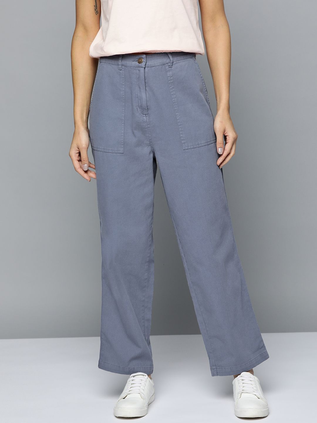 Mast & Harbour Women Blue Pure Cotton Regular Trousers Price in India