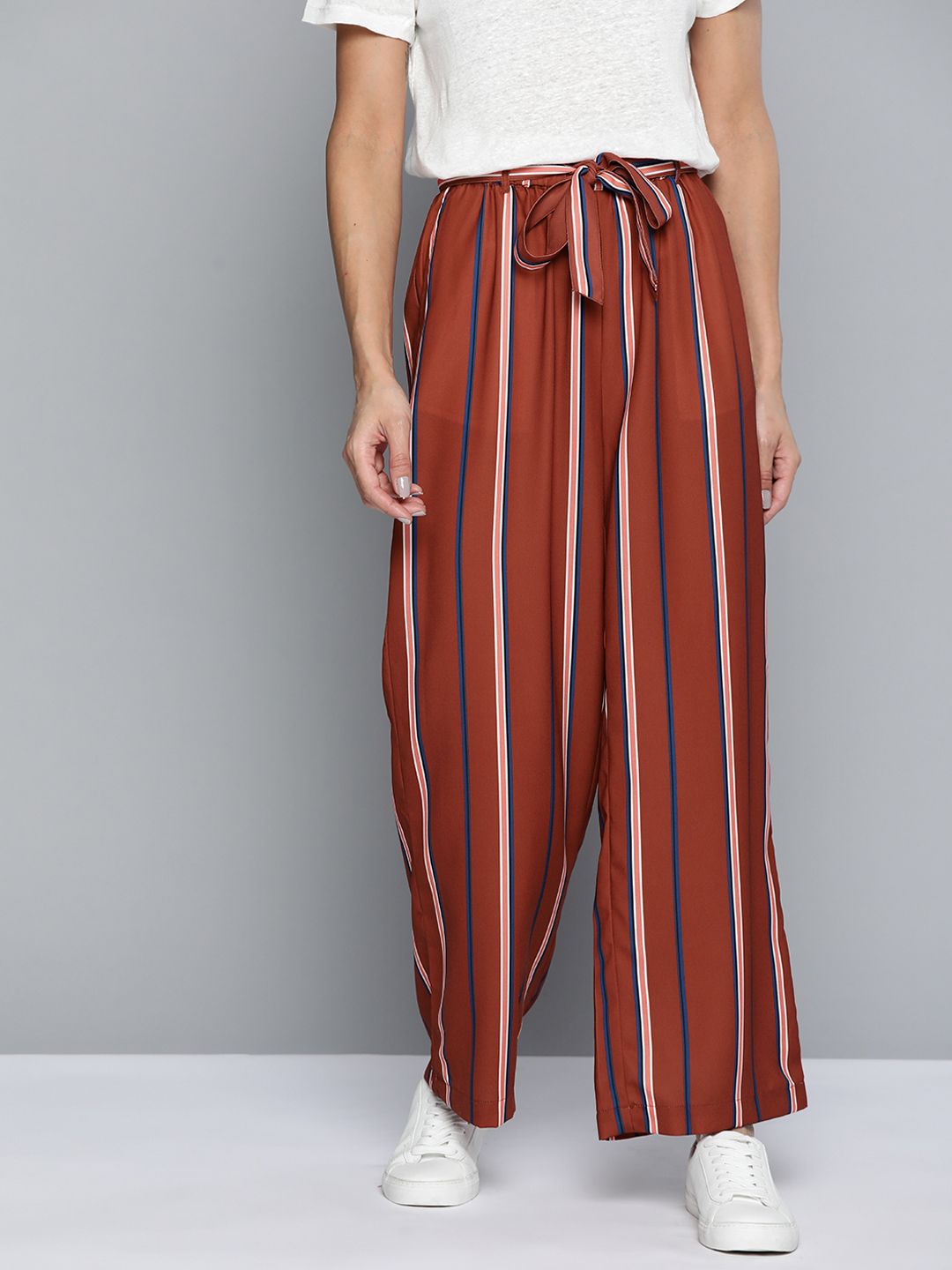 Mast & Harbour Women Brown & Navy Blue Striped Trousers Price in India