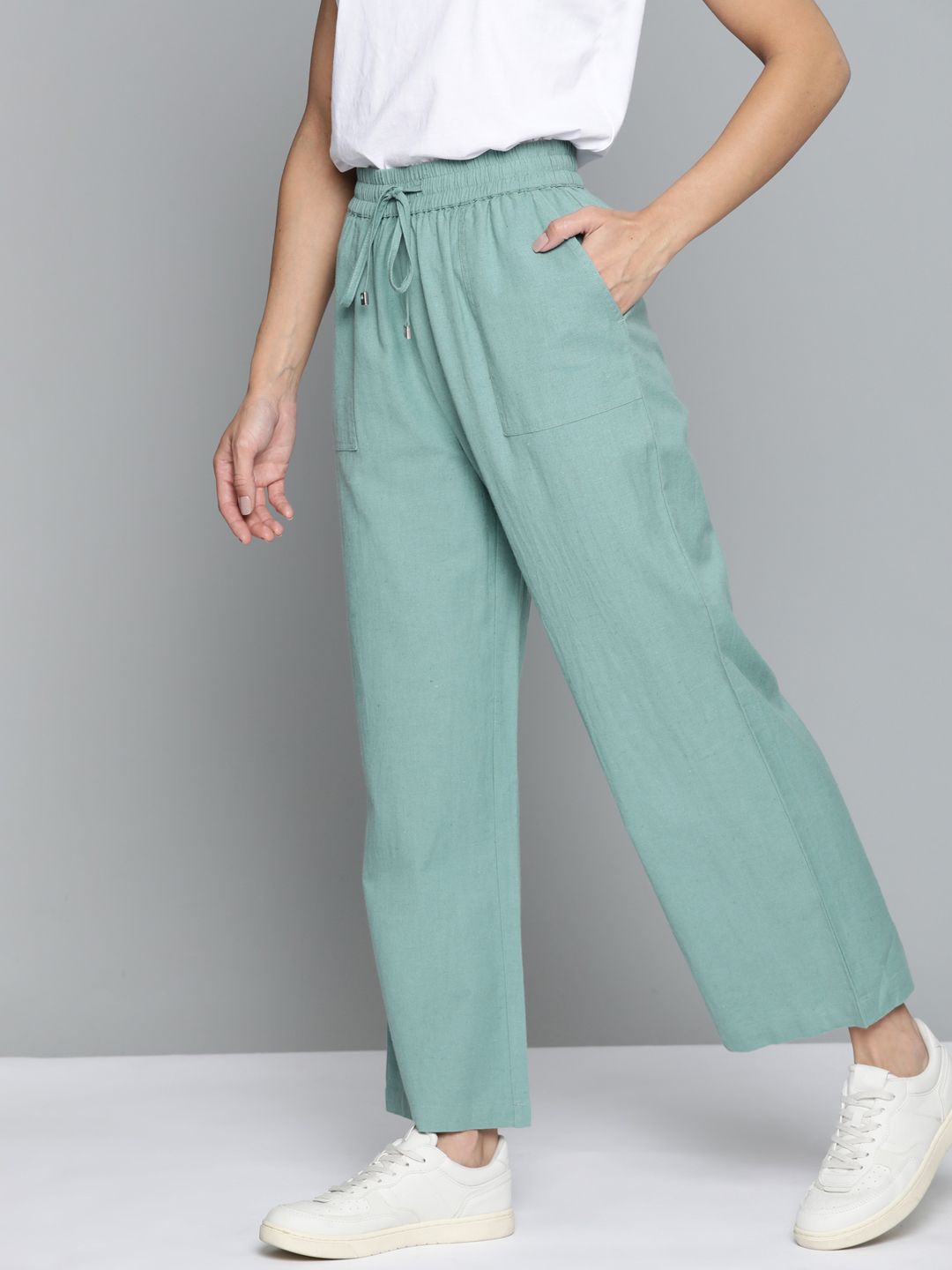 Mast & Harbour Women Sea Green Solid Parallel Trousers Price in India