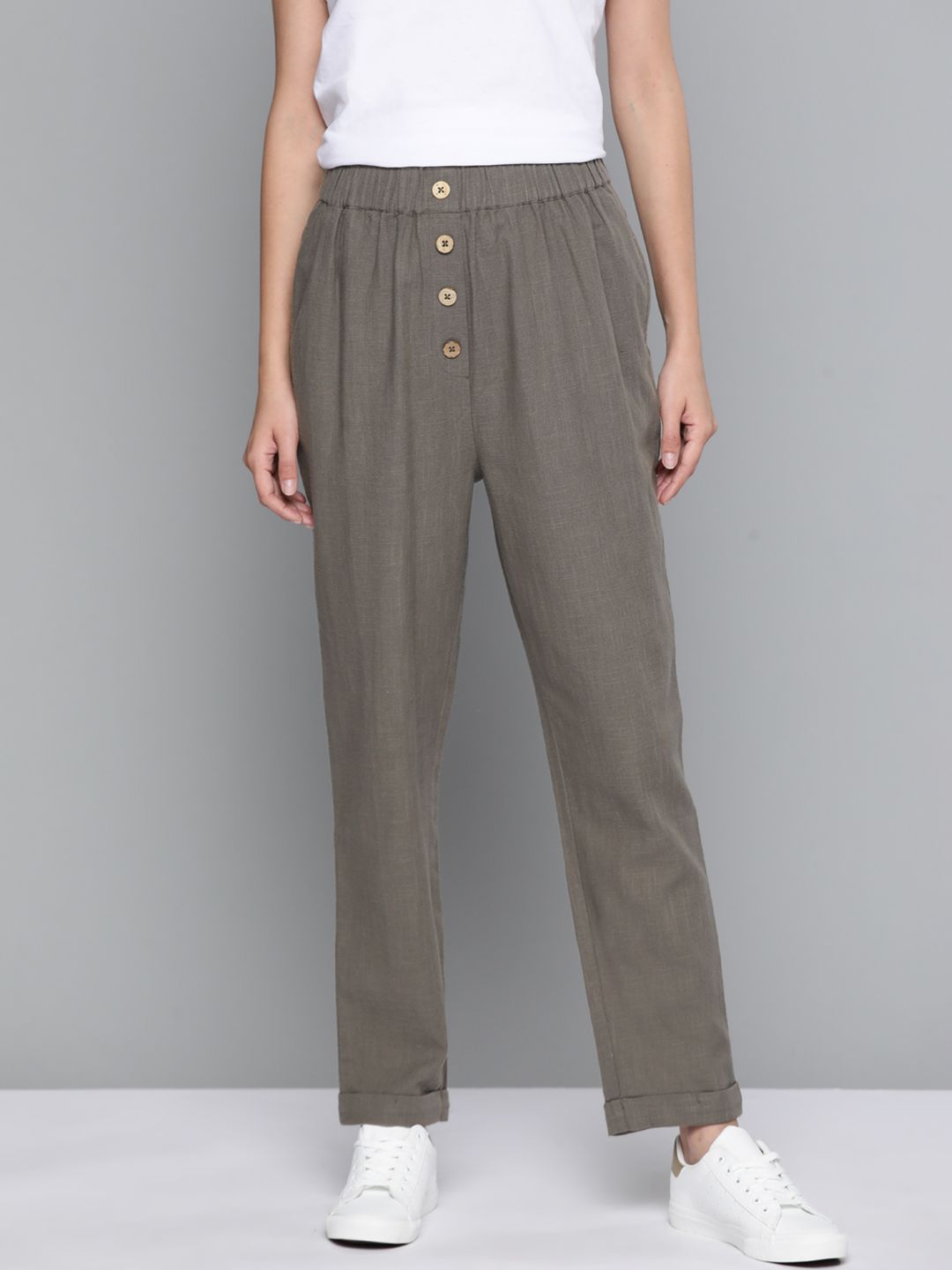 Mast & Harbour Women Taupe Solid Pure Cotton Trousers Price in India