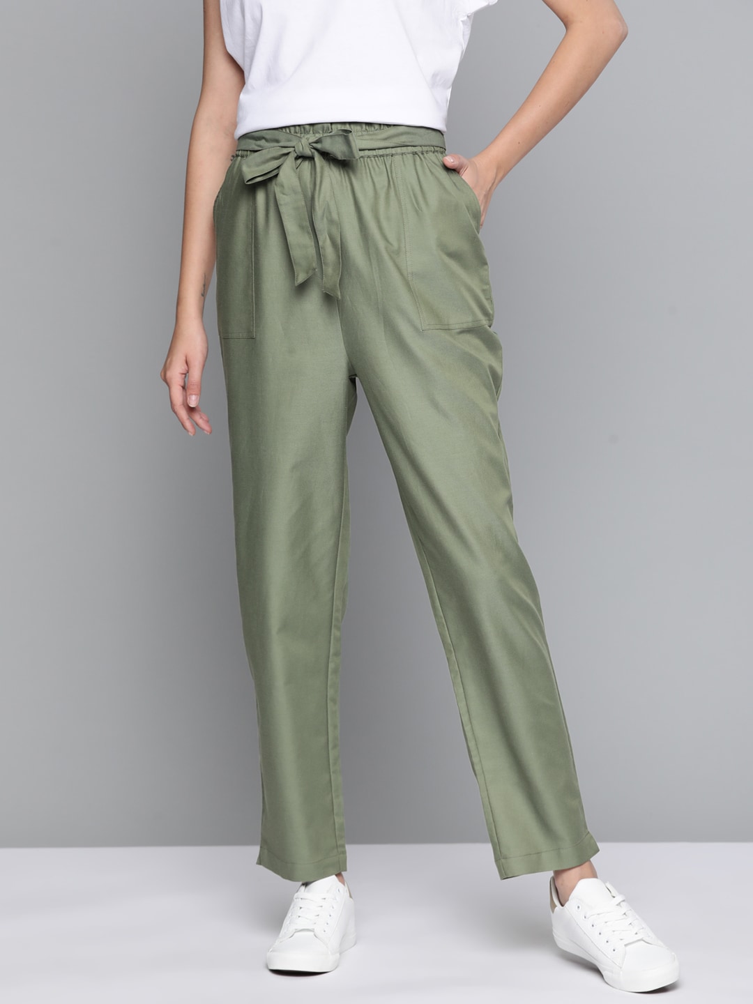 Mast & Harbour Women Olive Green Solid Trousers Price in India