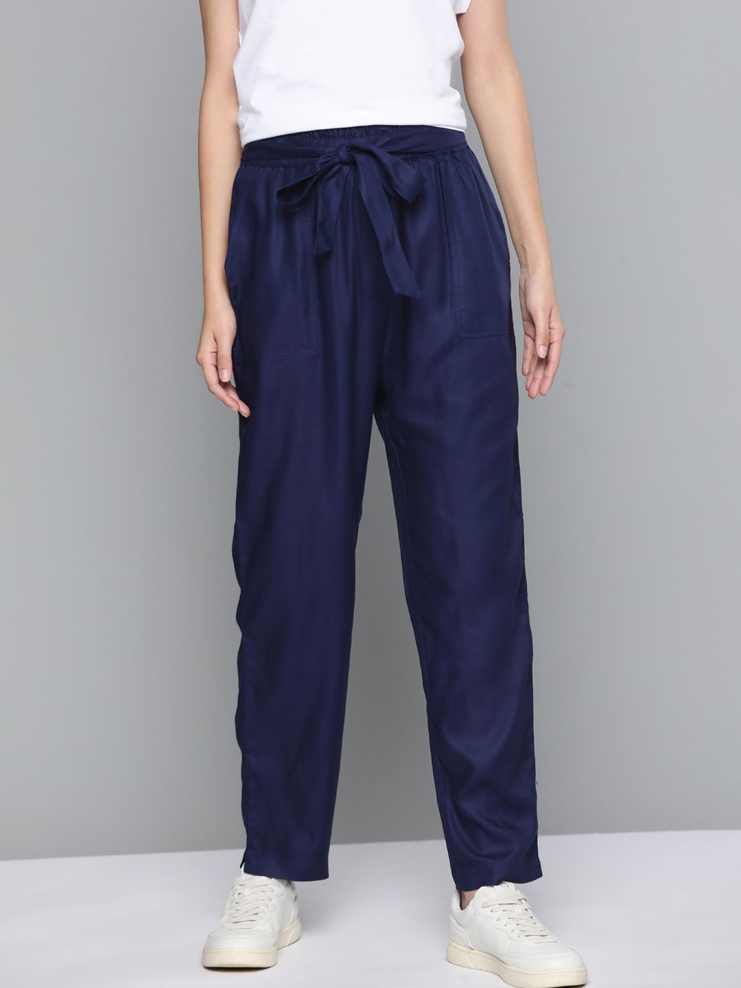 Mast & Harbour Women Navy Blue Solid Pleated Trousers Price in India