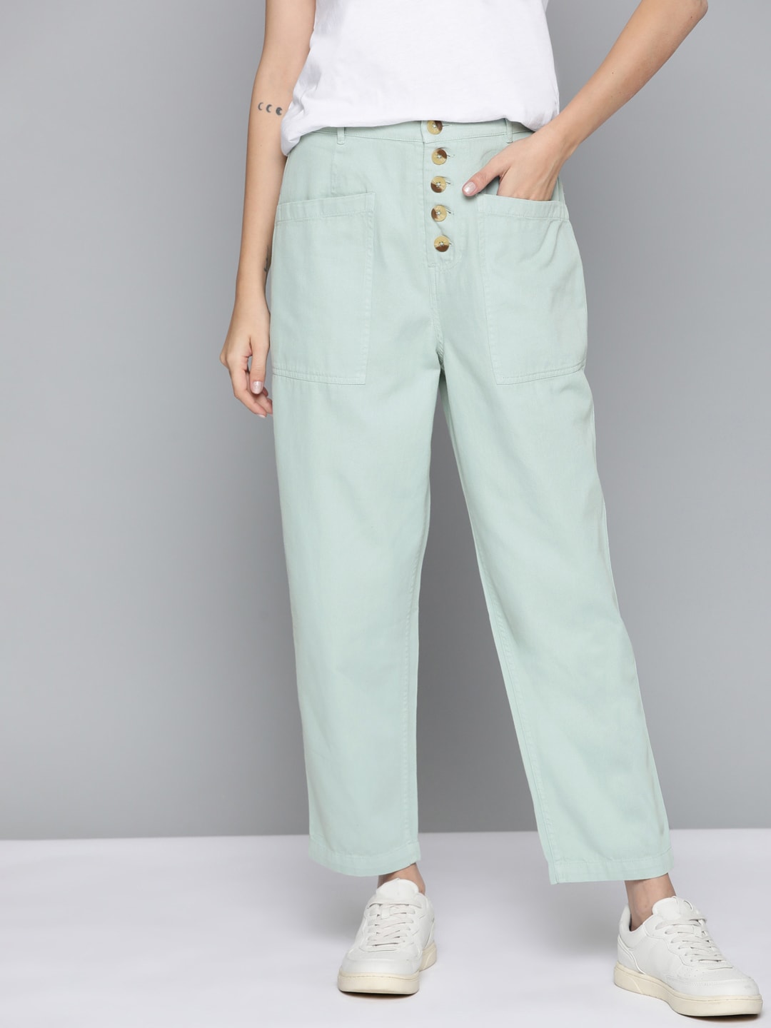 Mast & Harbour Women Mint Green Pure Cotton Regular Button-Fly Trousers Price in India