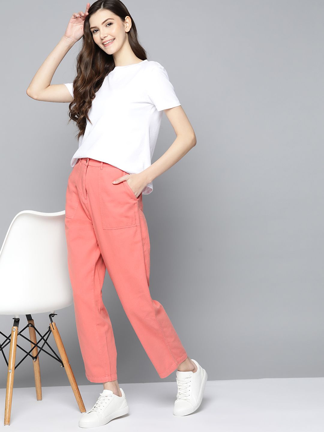 Mast & Harbour Women Pink Pure Cotton Pleated Trousers Price in India