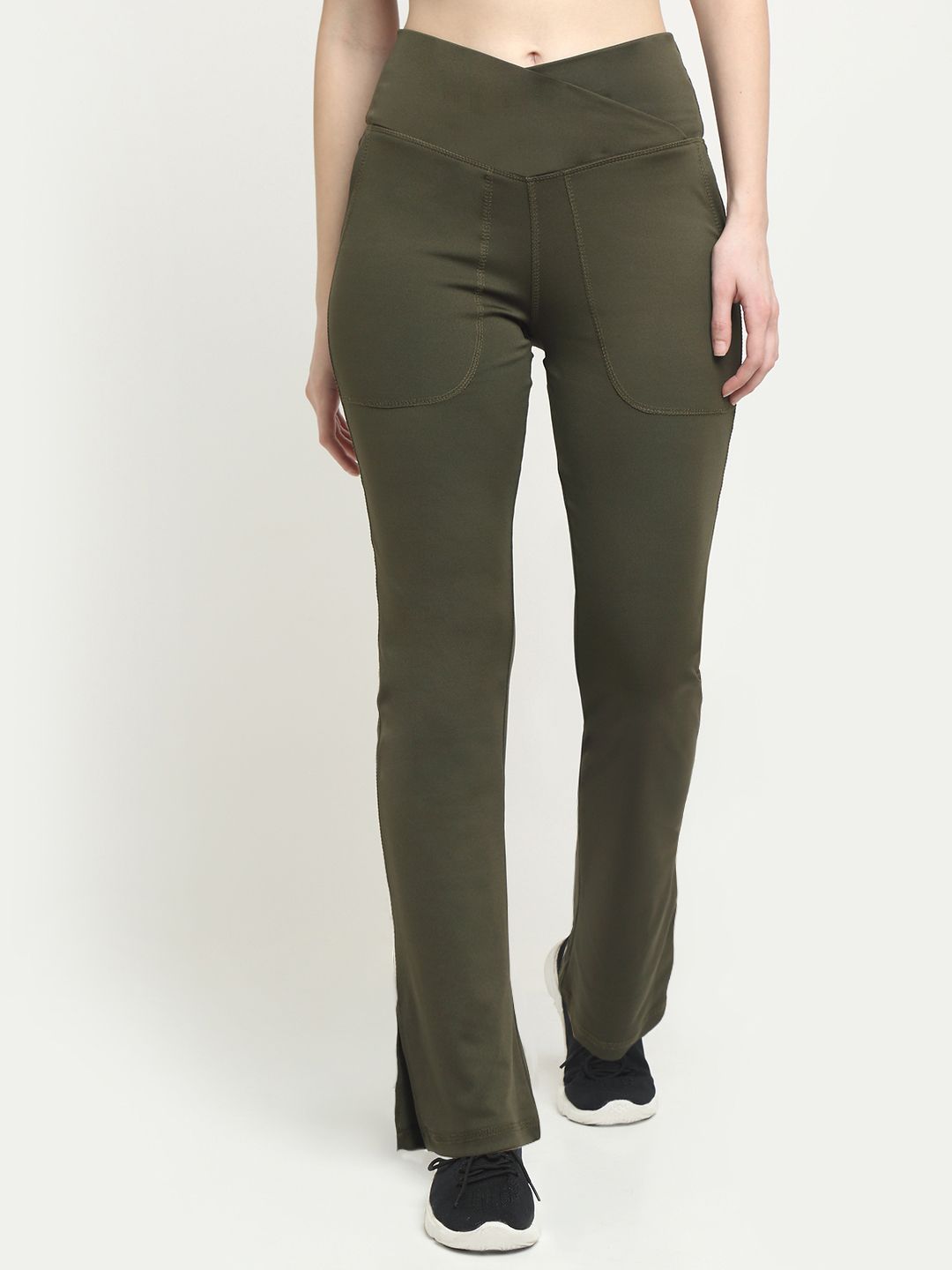 EVERDION Women Olive Green Solid Flared Track Pants Price in India