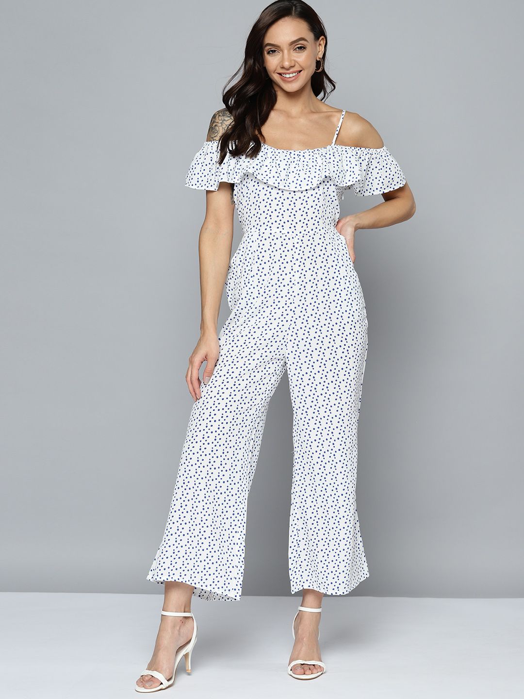 Mast & Harbour White & Blue Printed Ruffled Basic Jumpsuit Price in India